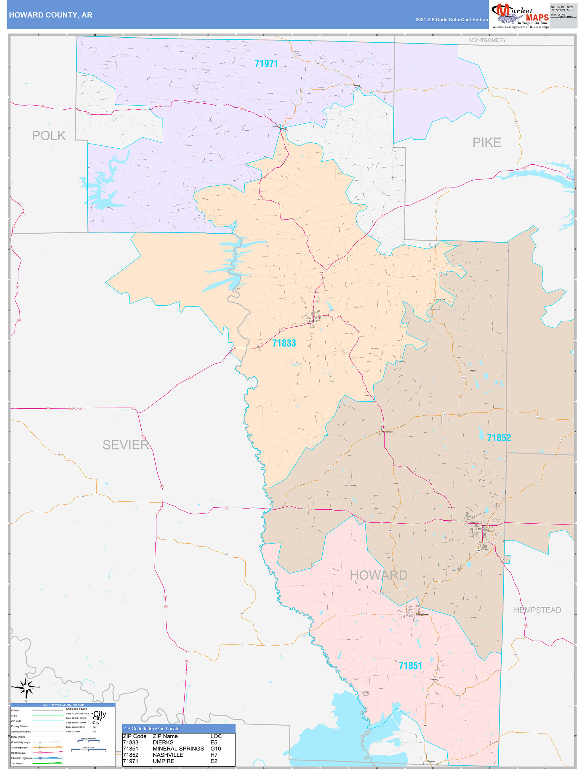 Howard County, AR Wall Map Color Cast Style by MarketMAPS