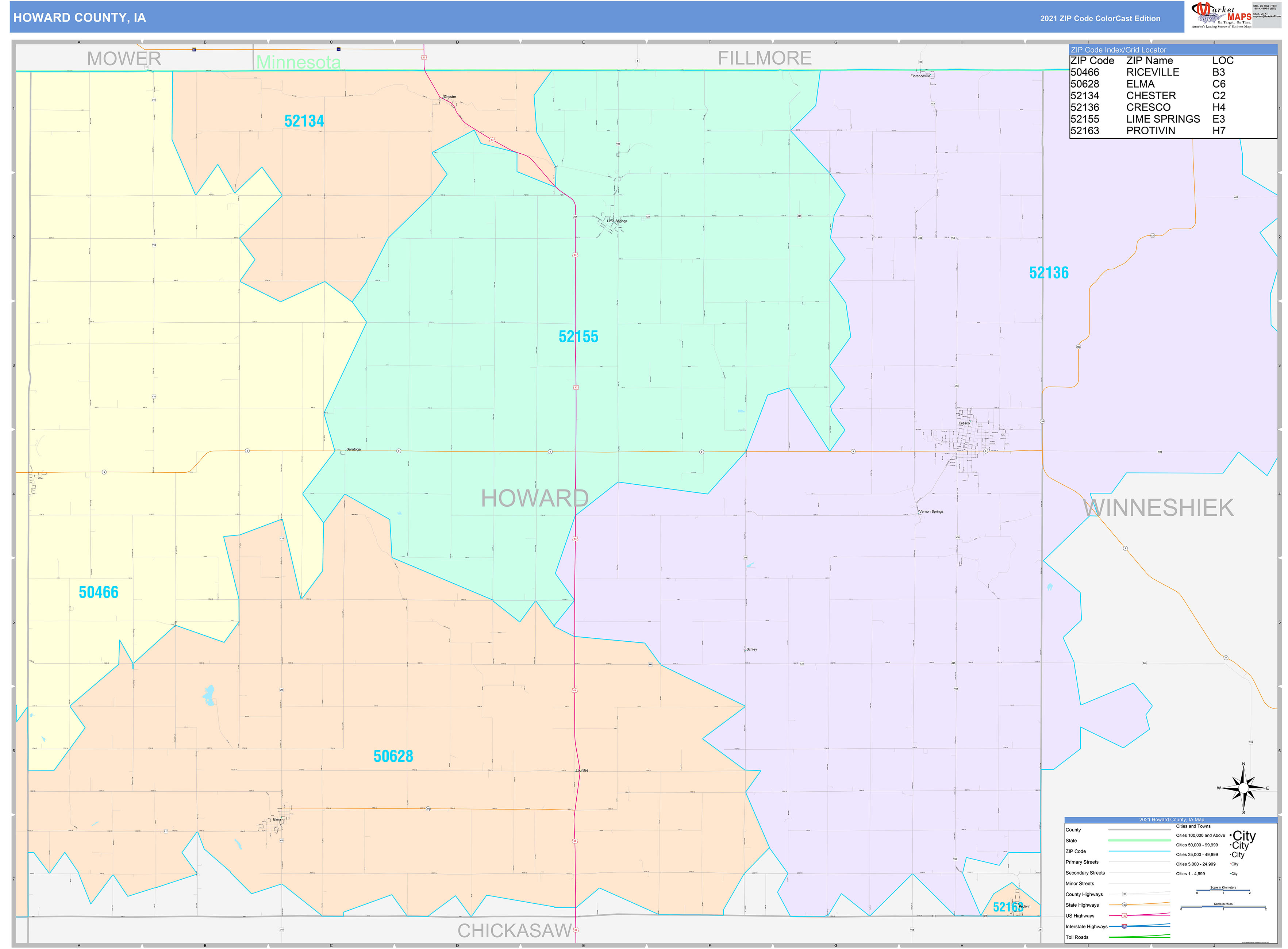 Howard County, IA Wall Map Color Cast Style by MarketMAPS