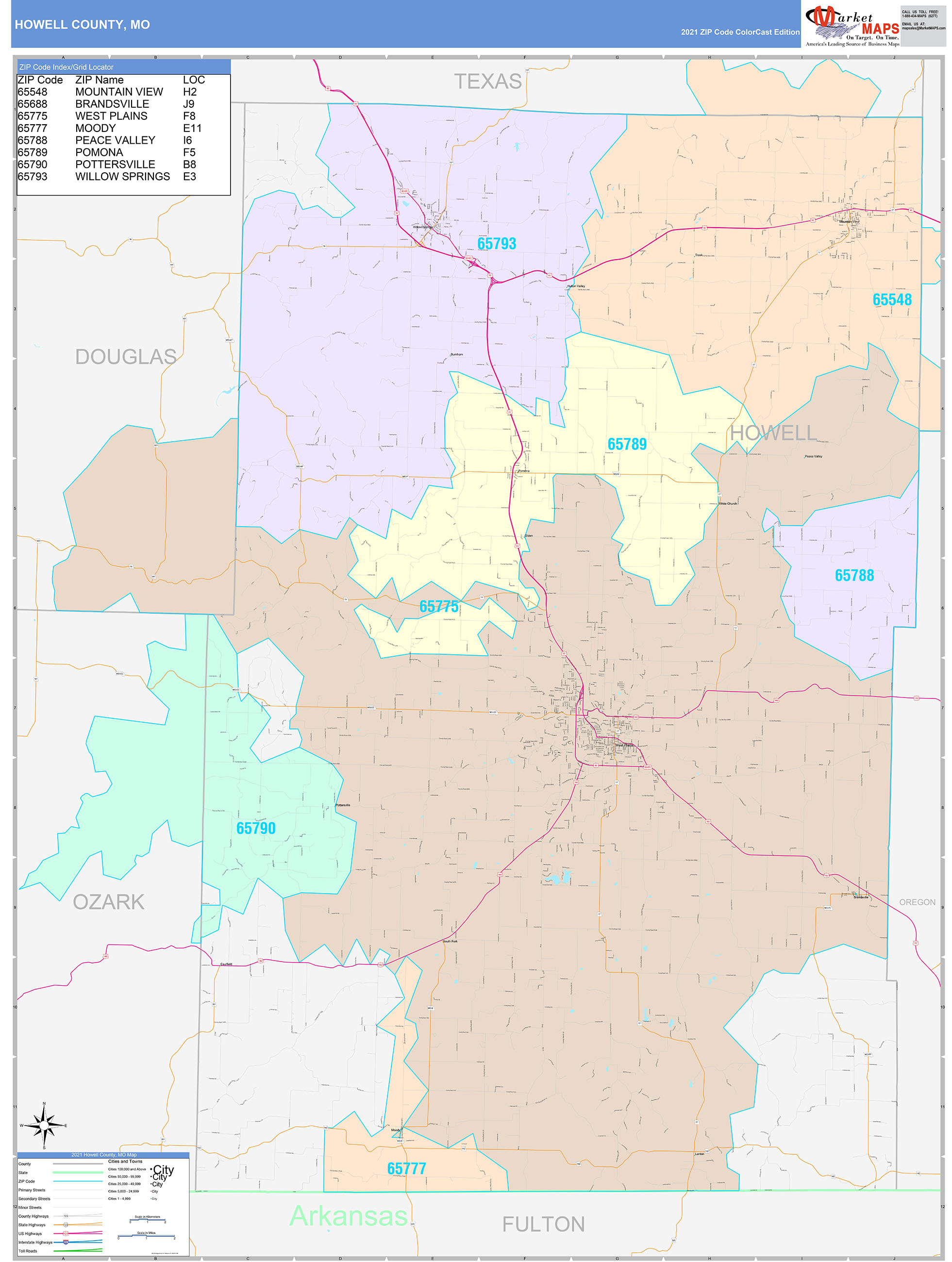 Howell County, MO Wall Map Color Cast Style by MarketMAPS MapSales