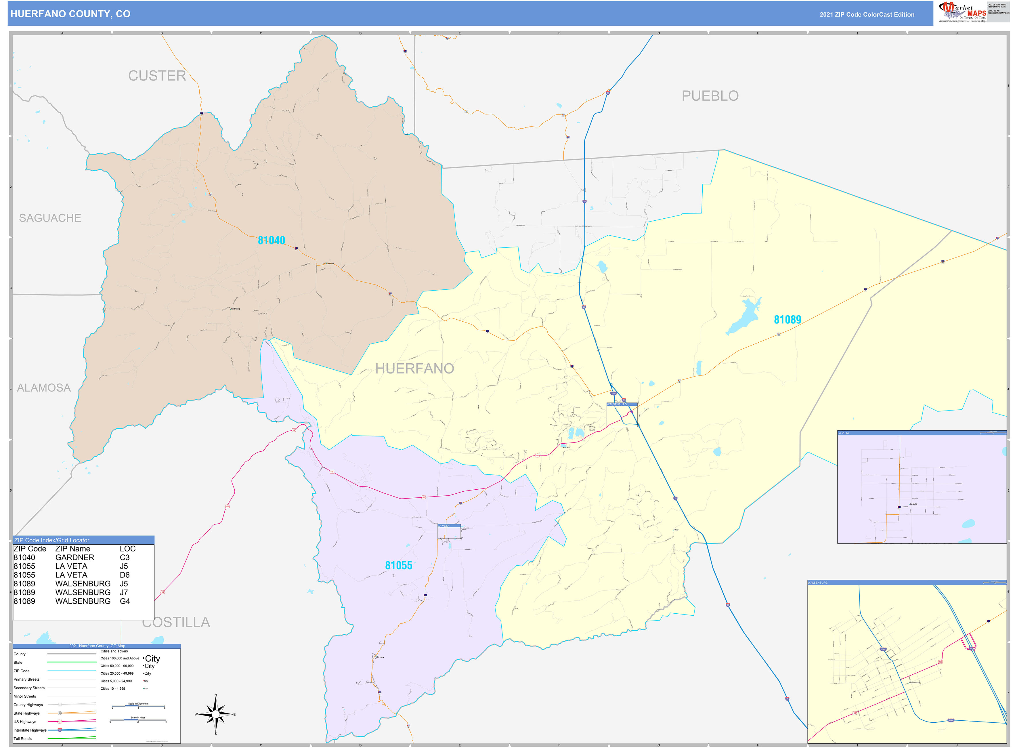 Huerfano County, CO Wall Map Color Cast Style by MarketMAPS