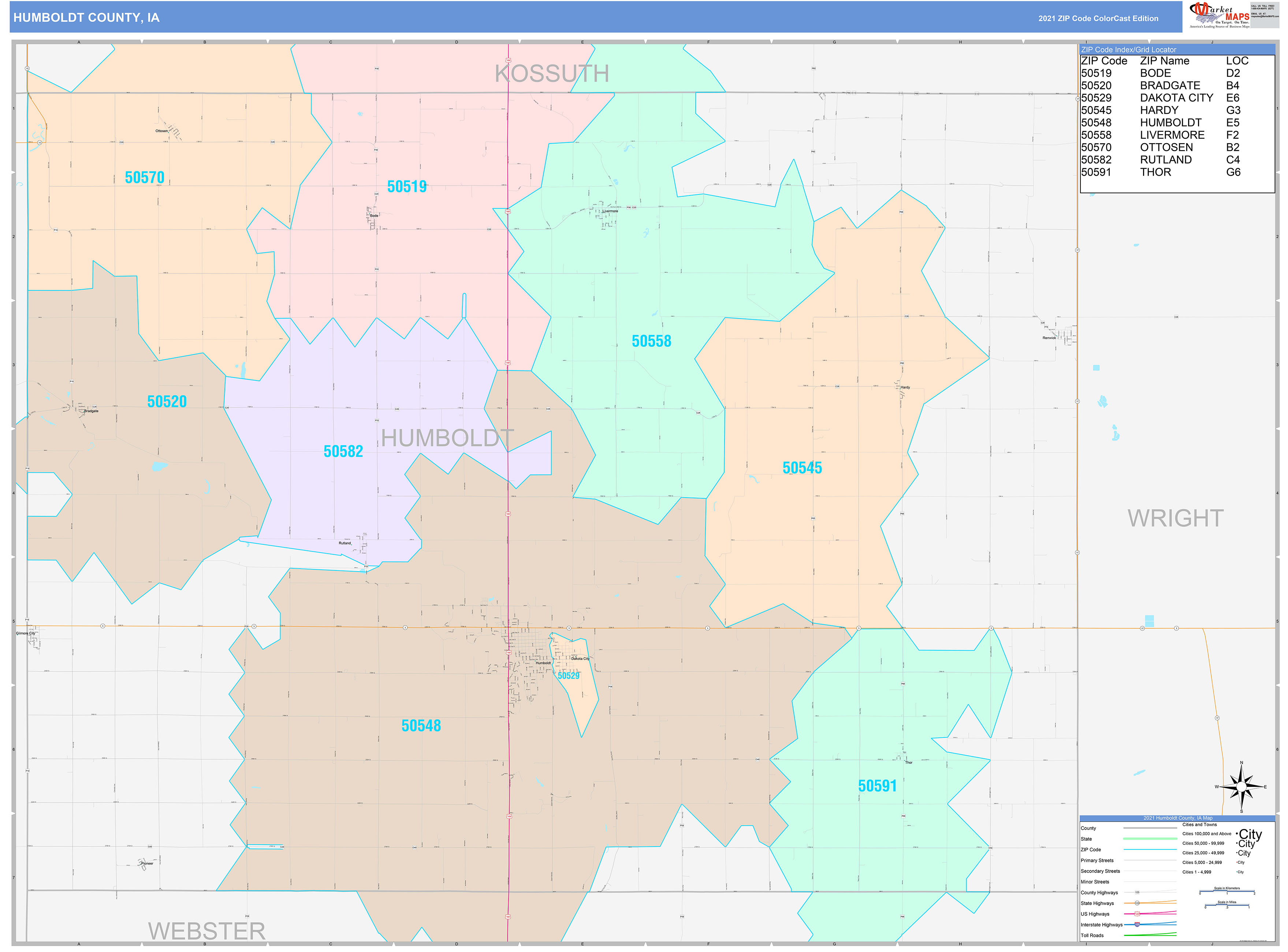 Humboldt County, IA Wall Map Color Cast Style by MarketMAPS