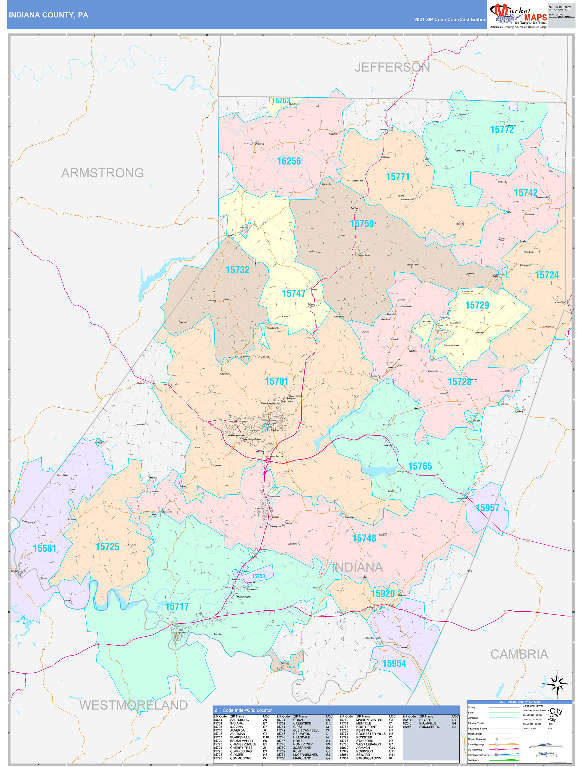 Indiana County, PA Wall Map Color Cast Style by MarketMAPS MapSales
