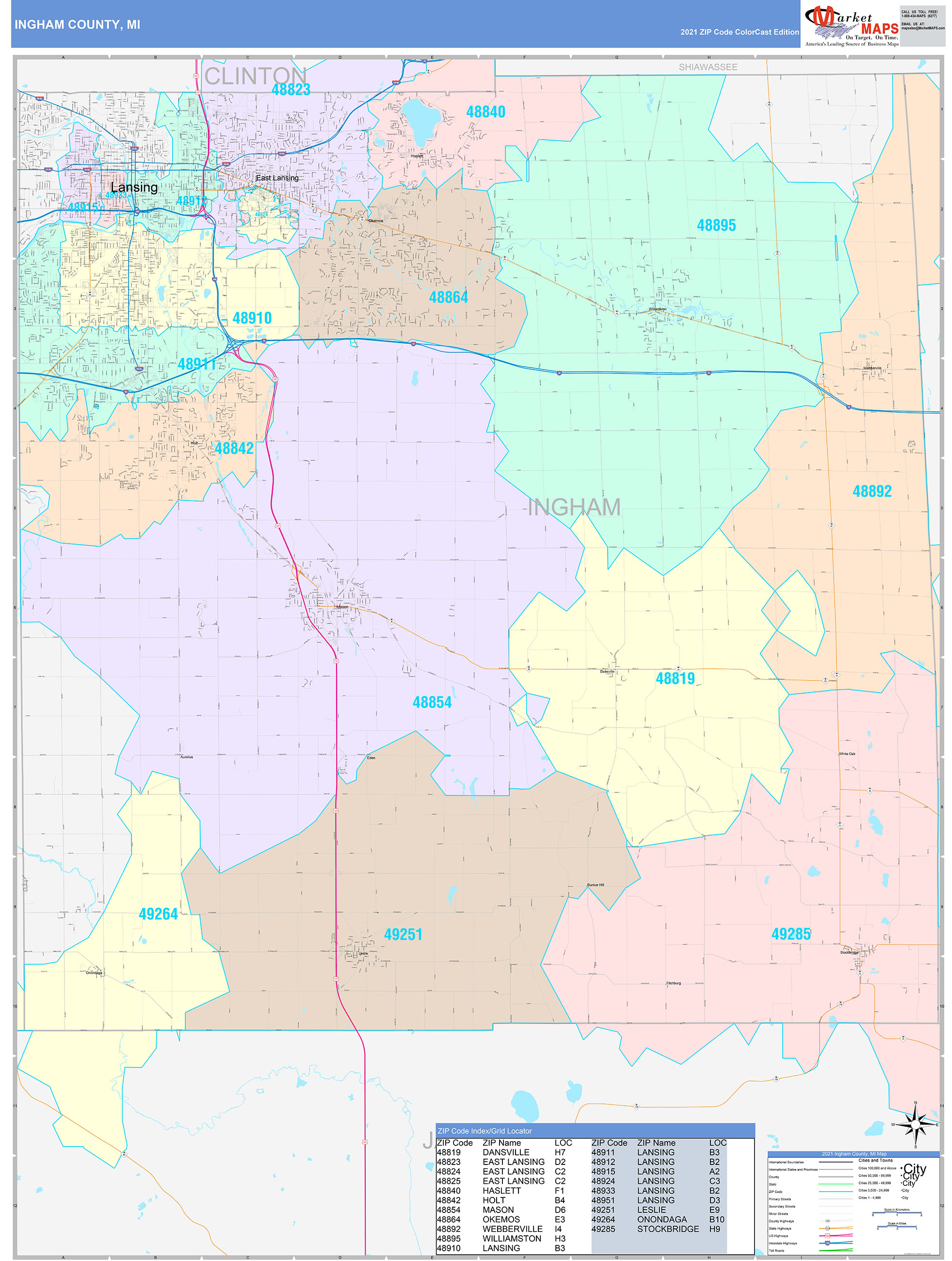 Ingham County, MI Wall Map Color Cast Style by MarketMAPS