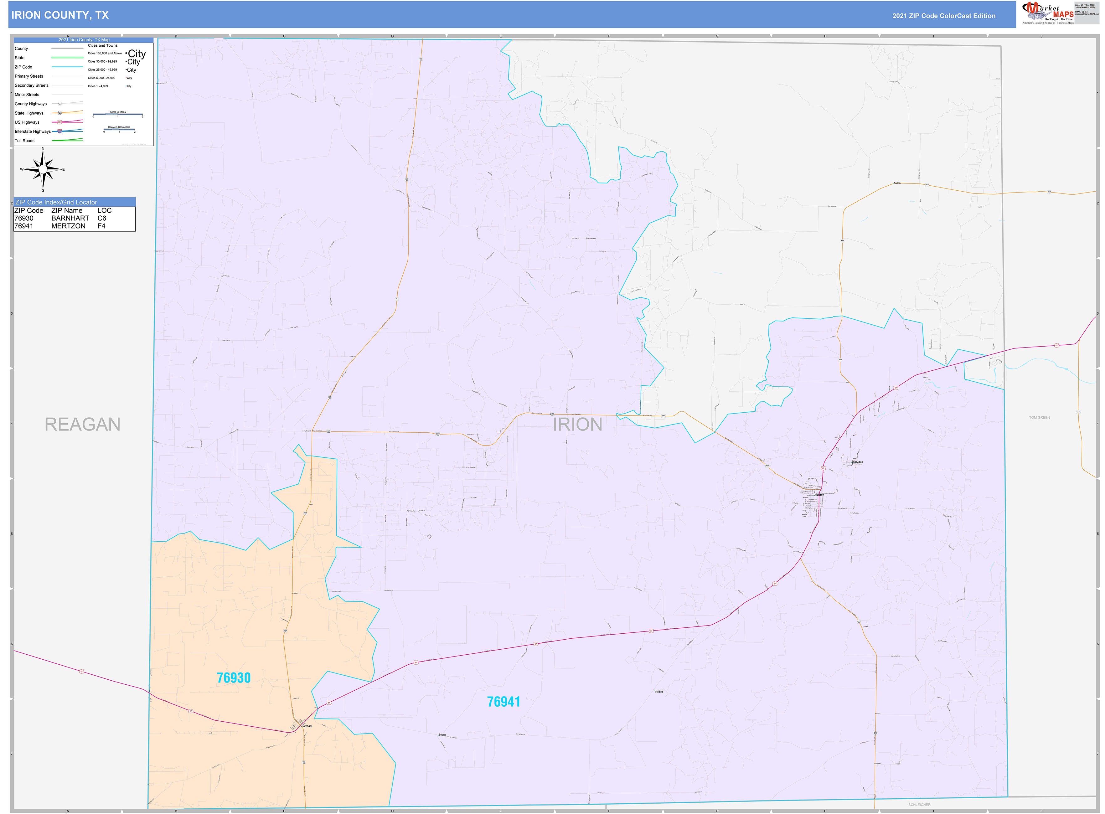 Irion County, TX Wall Map Color Cast Style by MarketMAPS