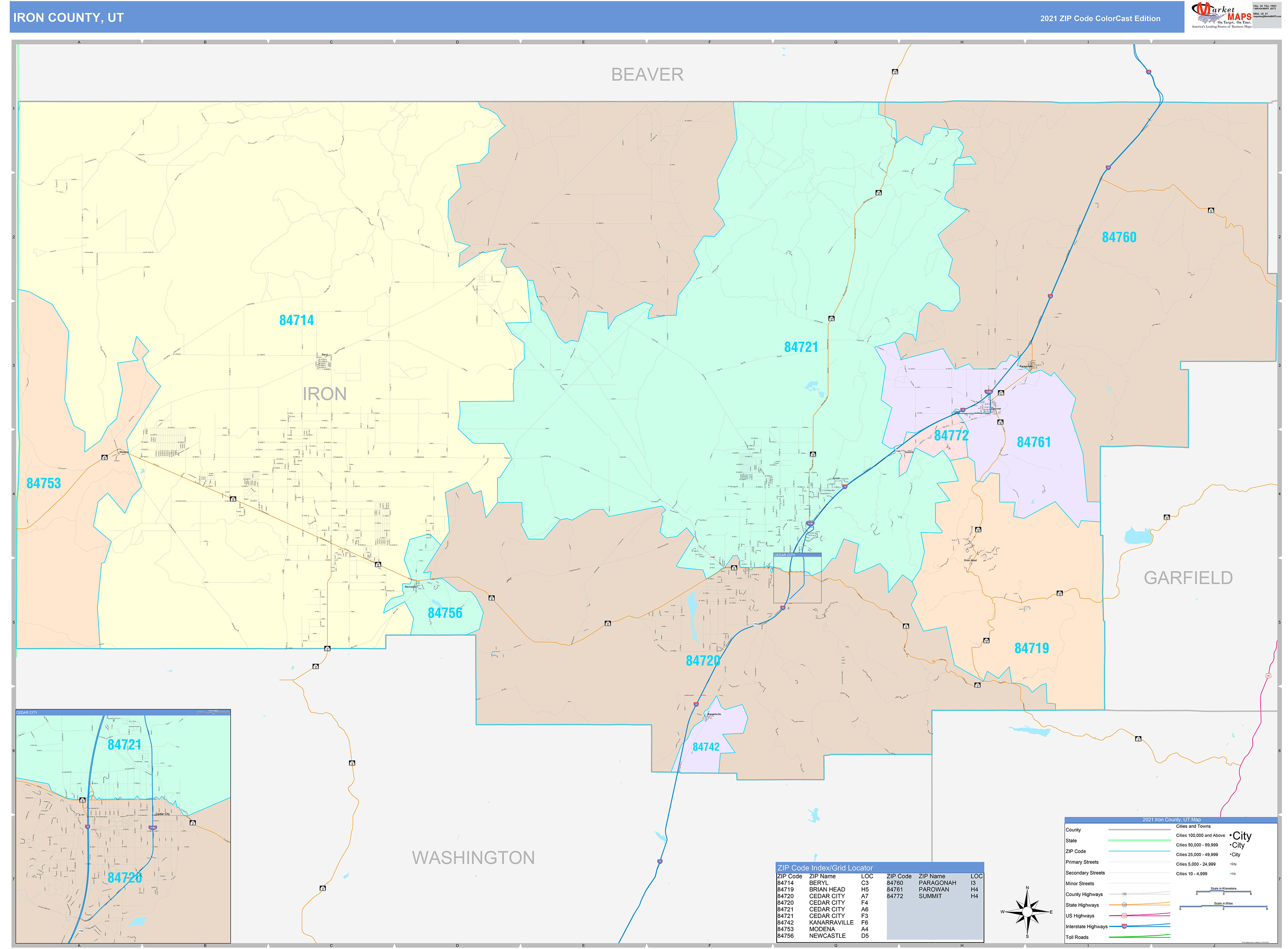 Iron County, UT Wall Map Color Cast Style by MarketMAPS