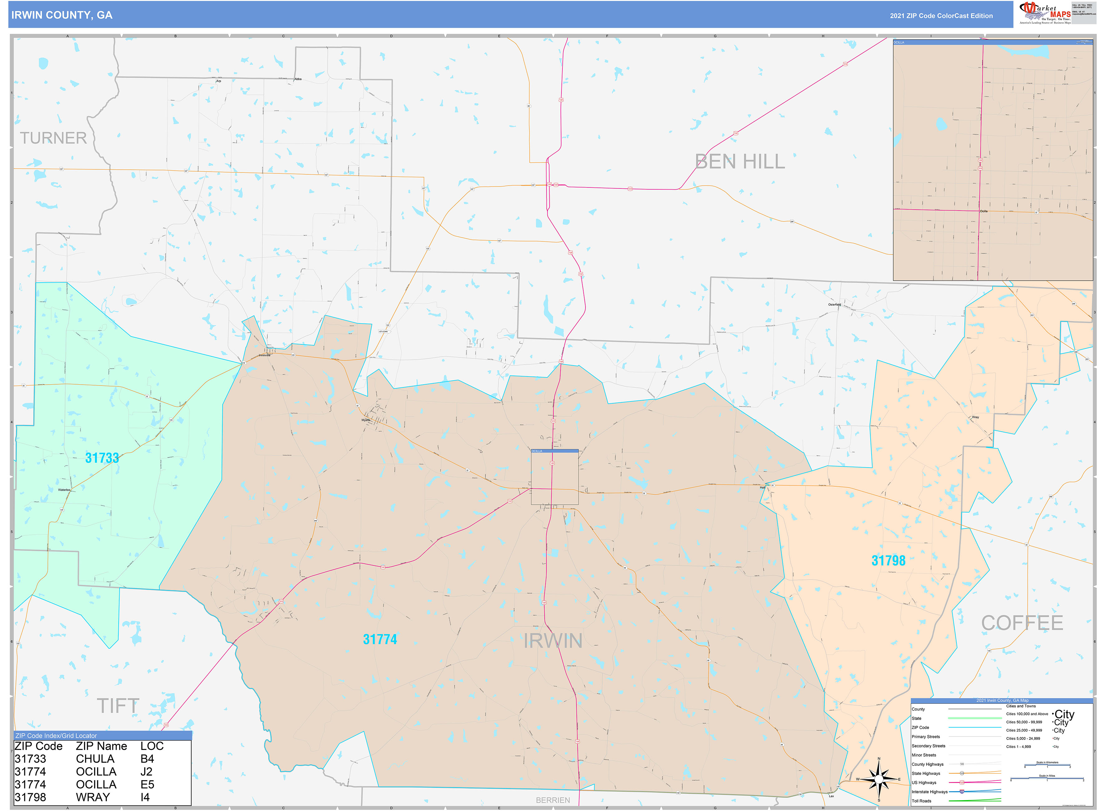 Irwin County, GA Wall Map Color Cast Style by MarketMAPS