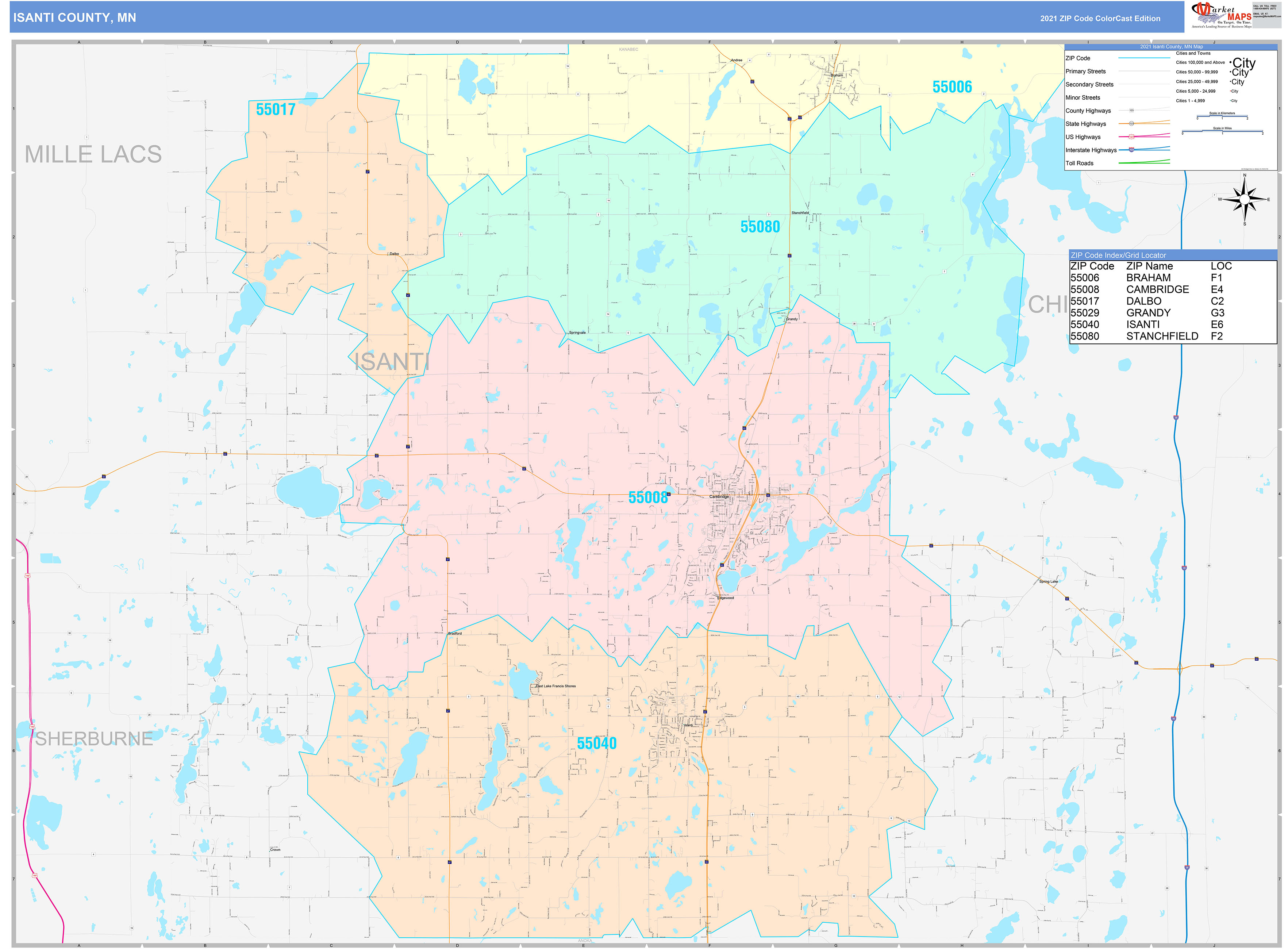Isanti County, MN Wall Map Color Cast Style by MarketMAPS
