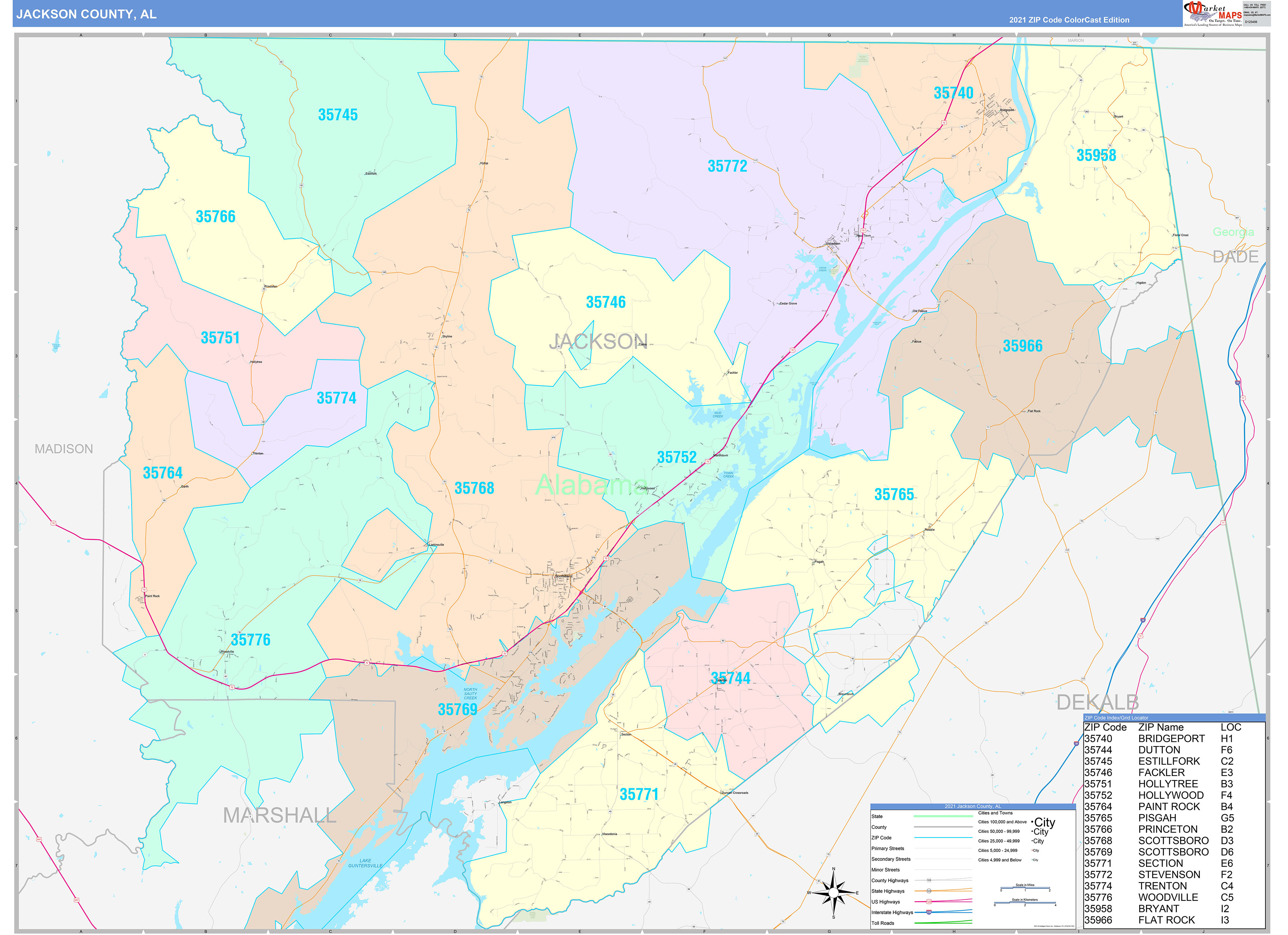 Jackson County, AL Wall Map Color Cast Style by MarketMAPS - MapSales.com