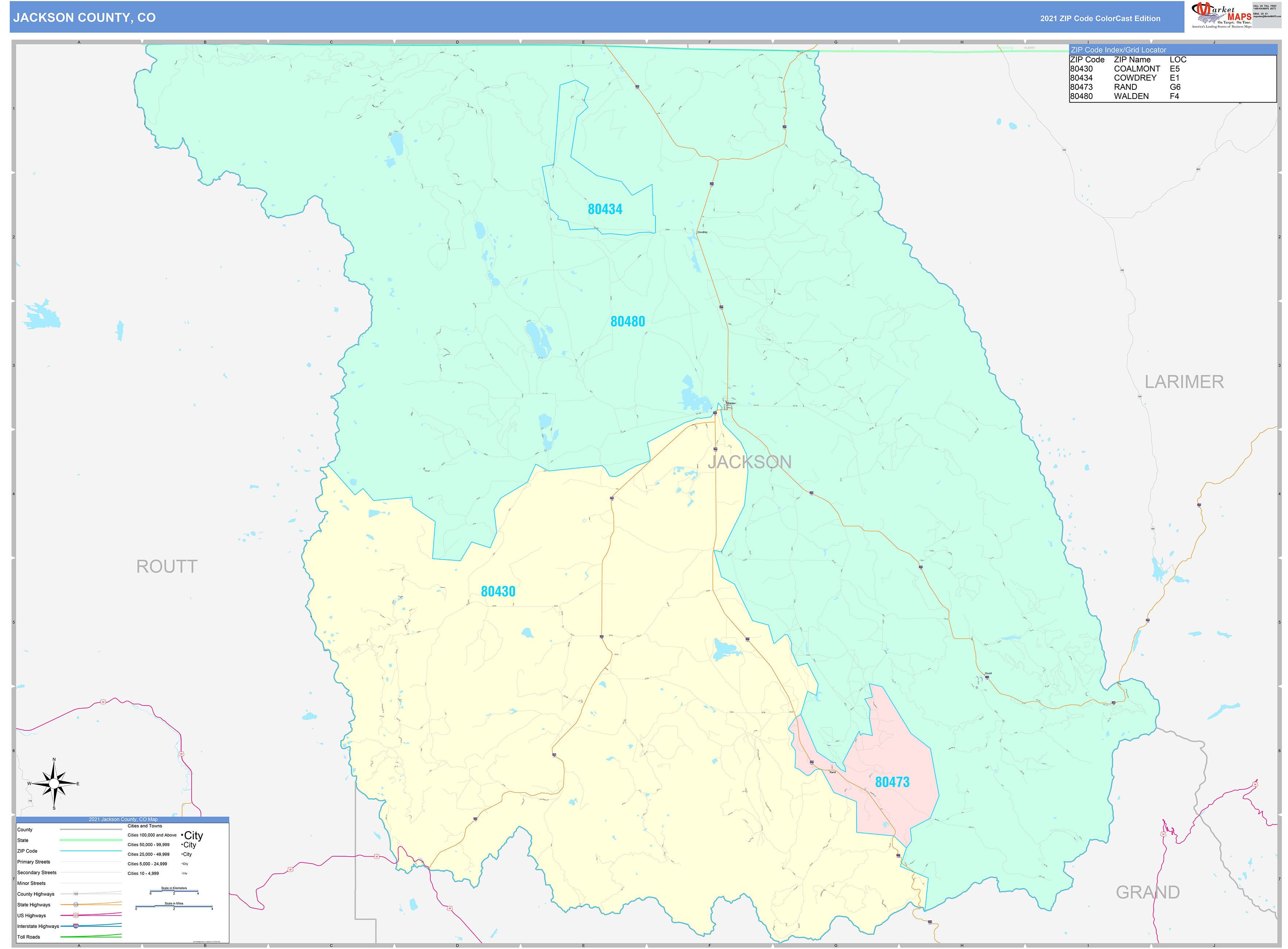 Jackson County, CO Wall Map Color Cast Style by MarketMAPS