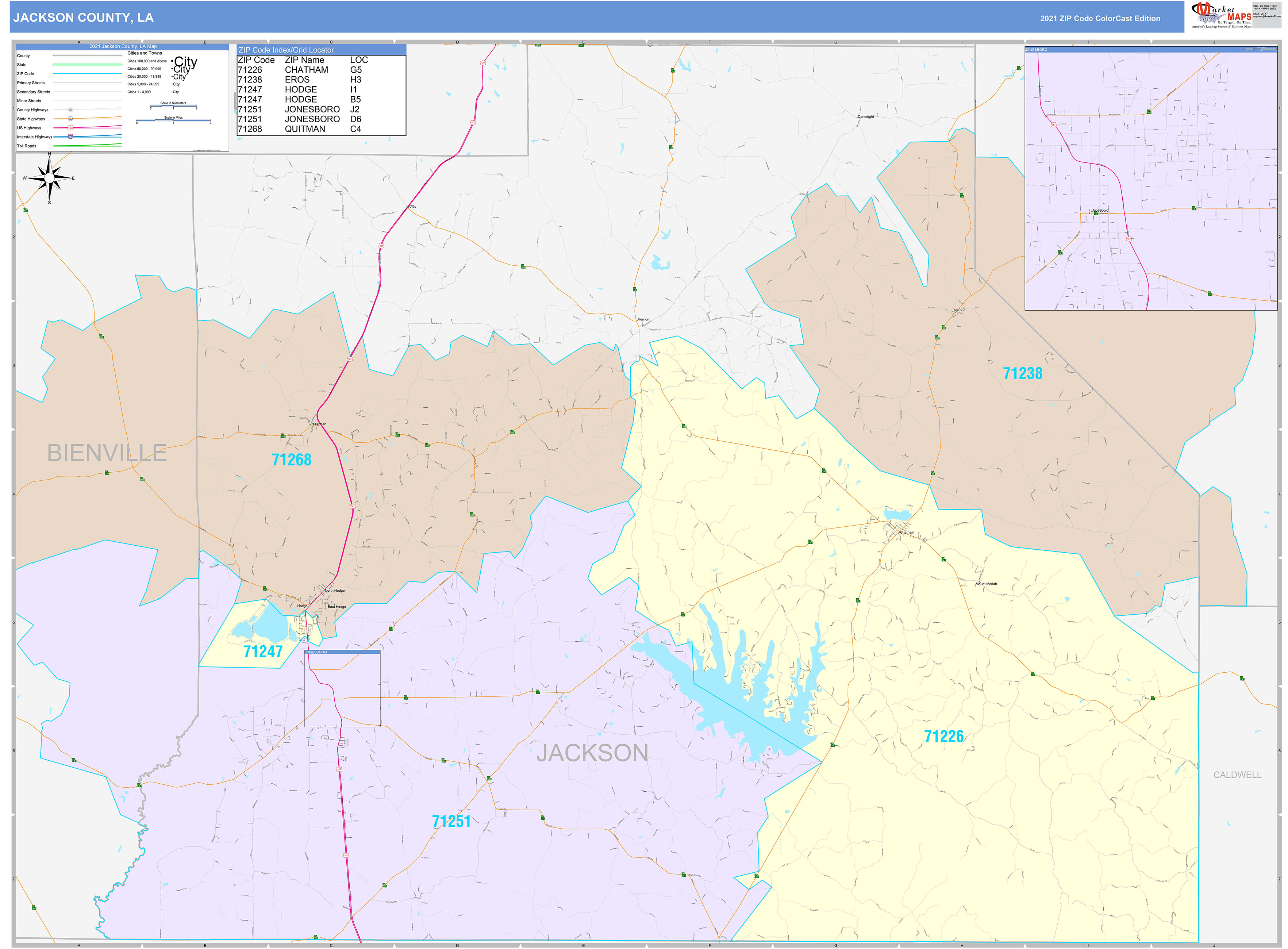 Jackson County, LA Wall Map Color Cast Style by MarketMAPS