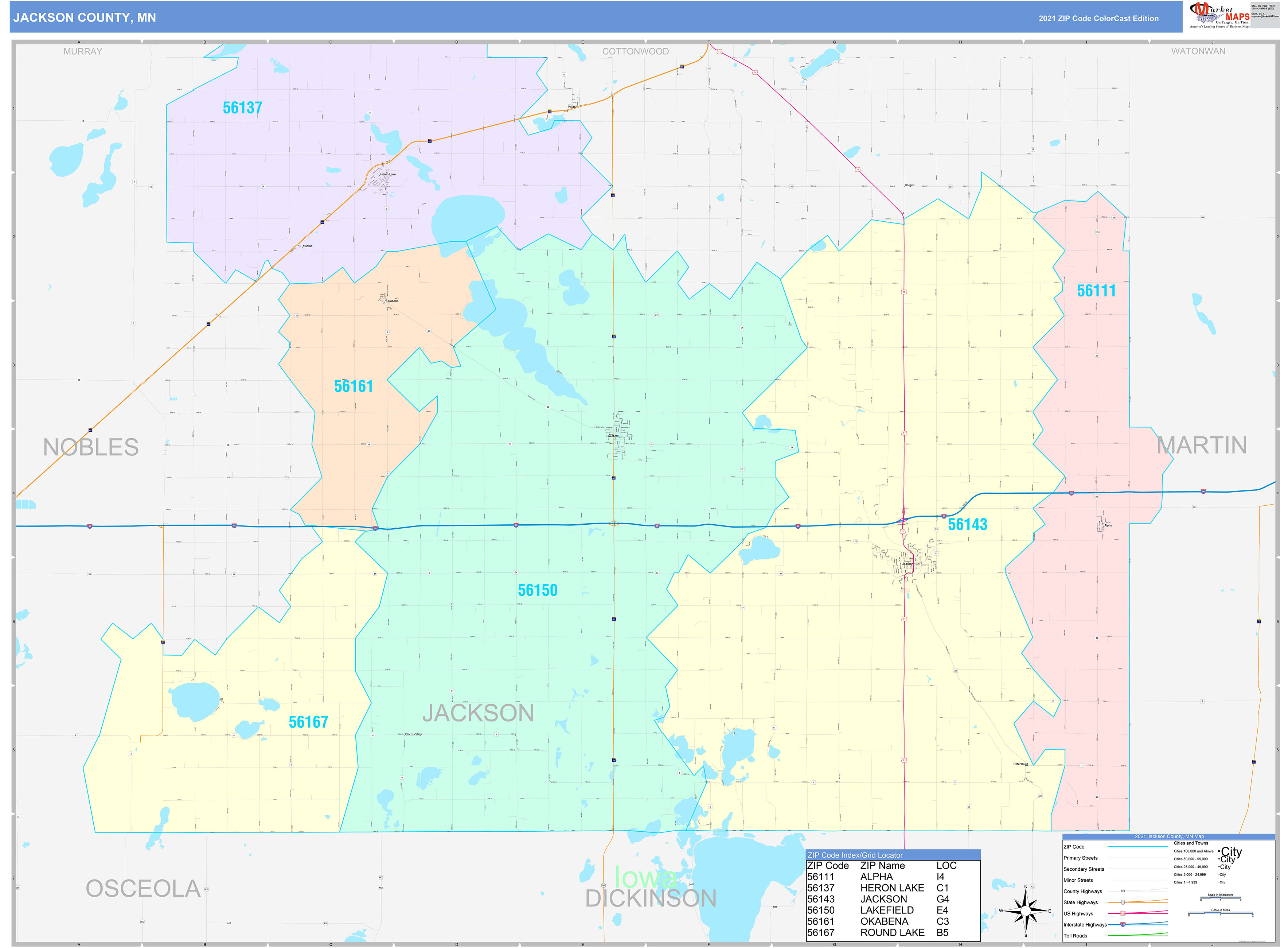 Jackson County, MN Wall Map Color Cast Style by MarketMAPS