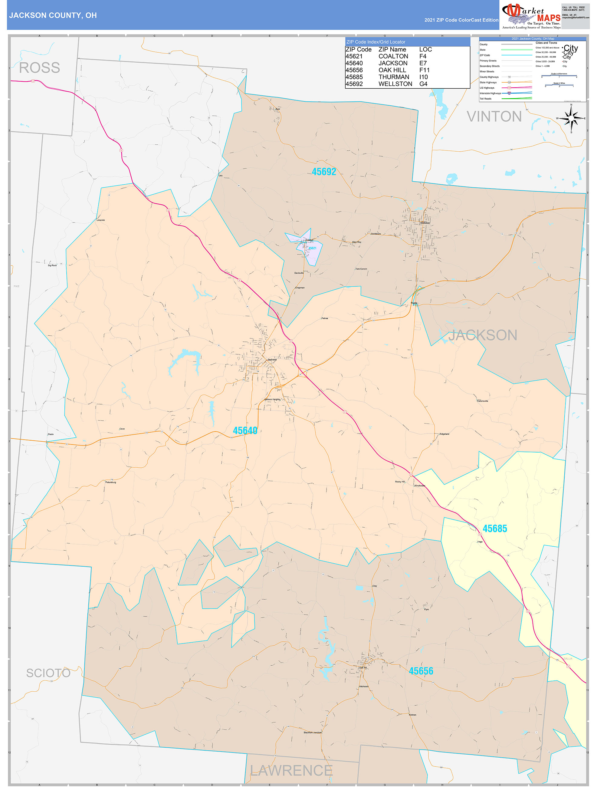 Jackson County, OH Wall Map Color Cast Style by MarketMAPS MapSales