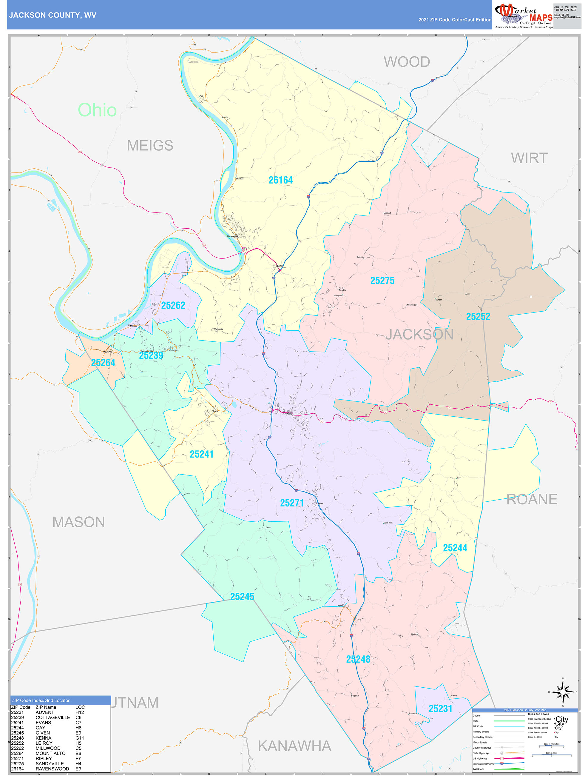 Jackson County, WV Wall Map Color Cast Style by MarketMAPS