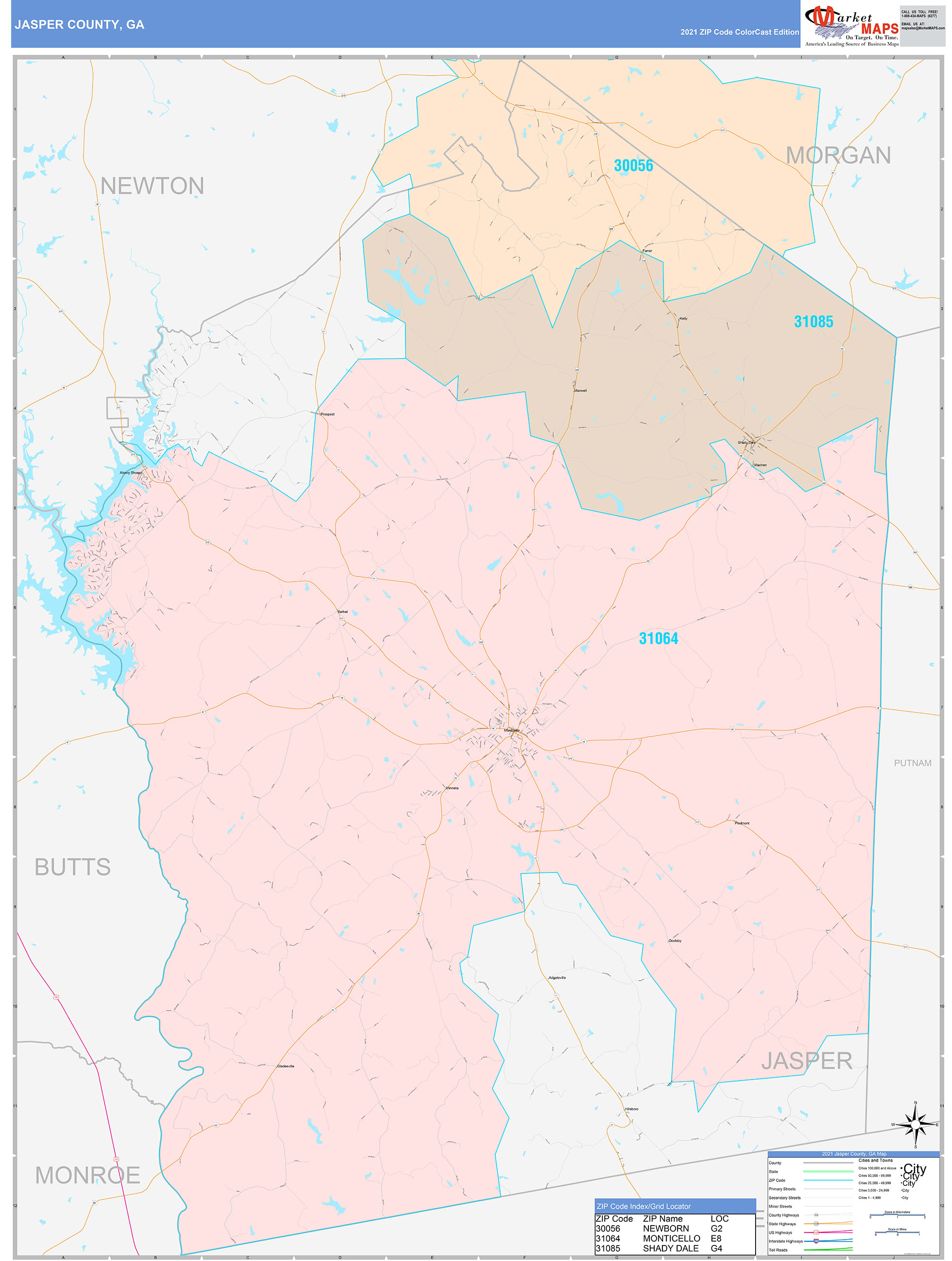 Jasper County, GA Wall Map Color Cast Style by MarketMAPS