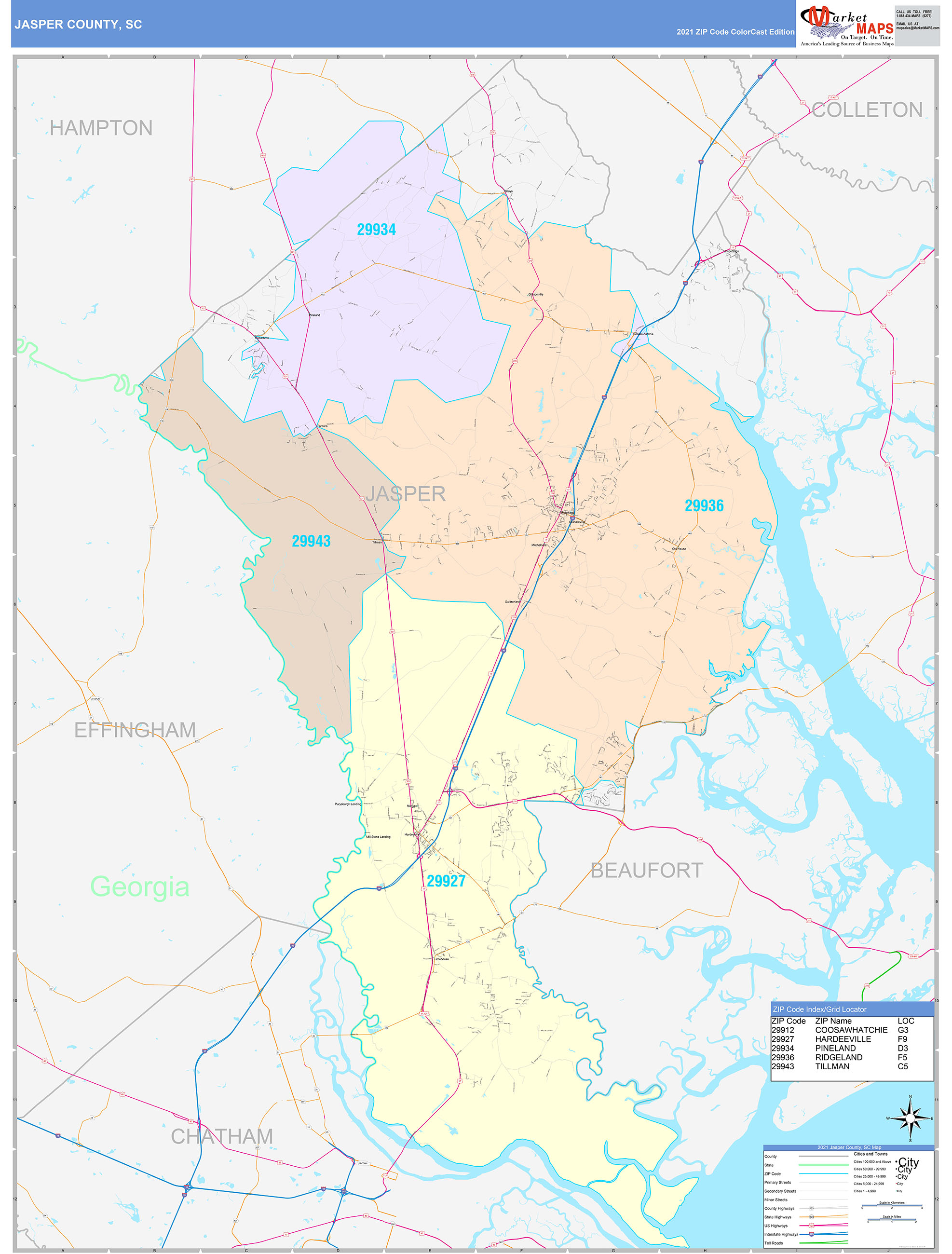 Jasper County, SC Wall Map Color Cast Style by MarketMAPS