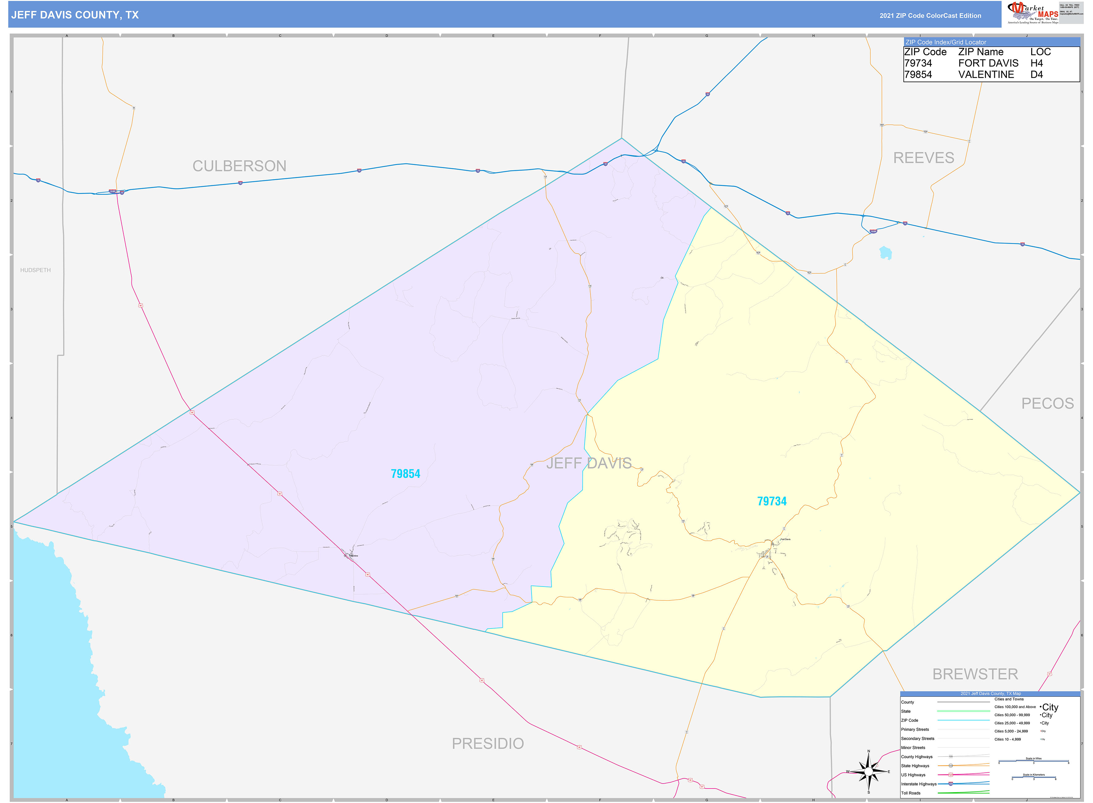 Jeff Davis County, TX Wall Map Color Cast Style by MarketMAPS