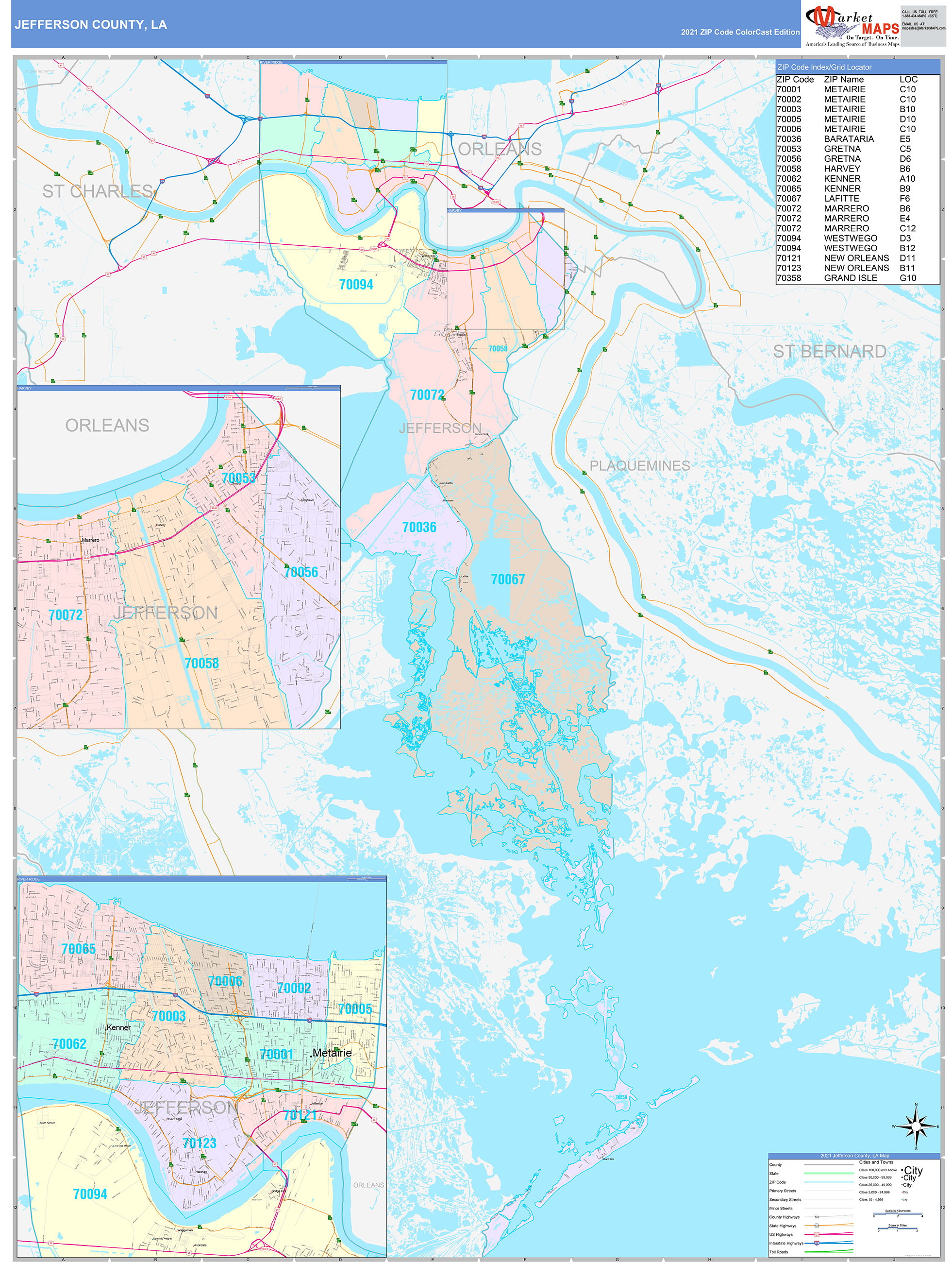 Jefferson County, LA Wall Map Color Cast Style by MarketMAPS - MapSales.com