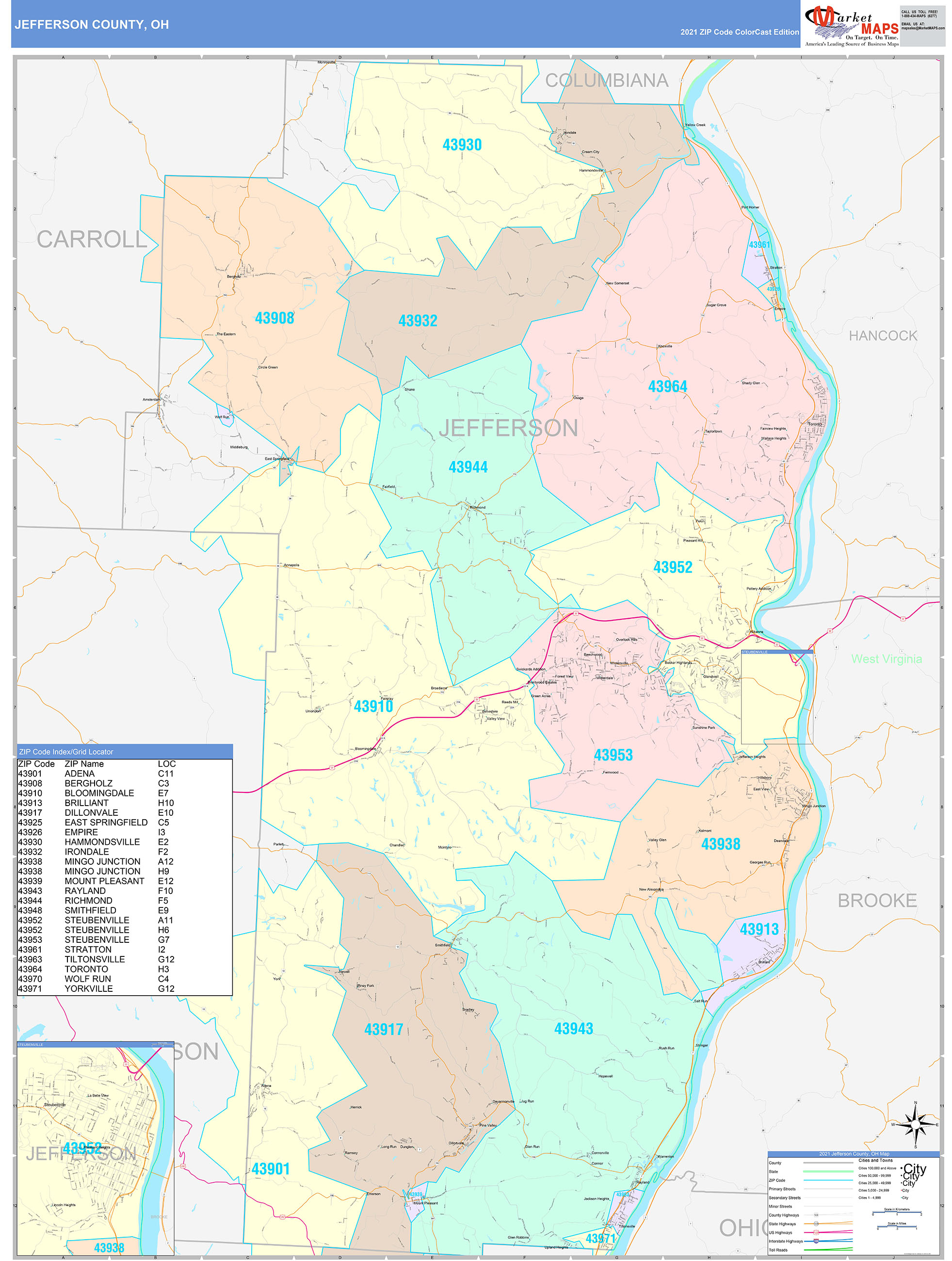 Jefferson County, OH Wall Map Color Cast Style by MarketMAPS