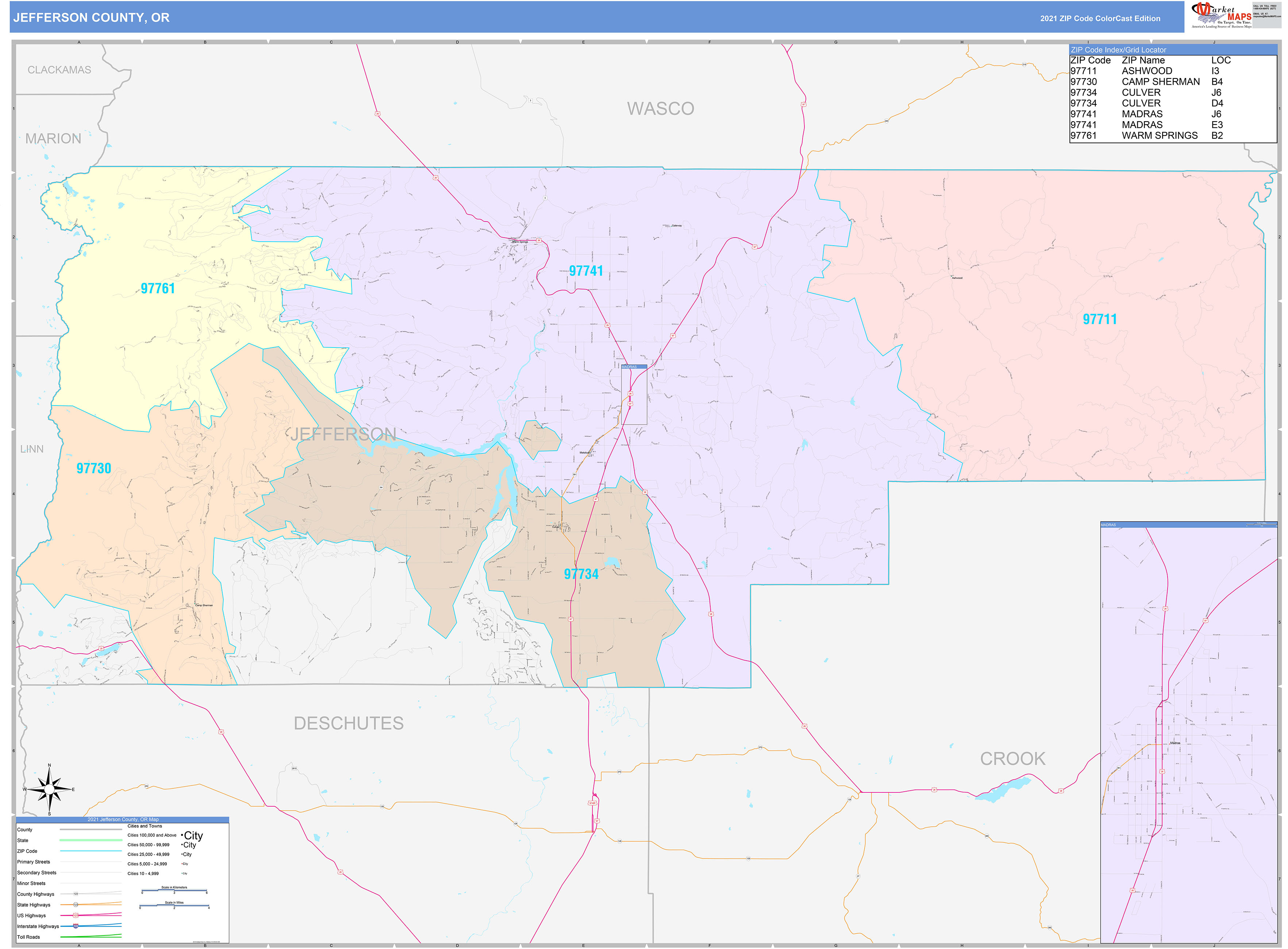 Jefferson County, OR Wall Map Color Cast Style by MarketMAPS