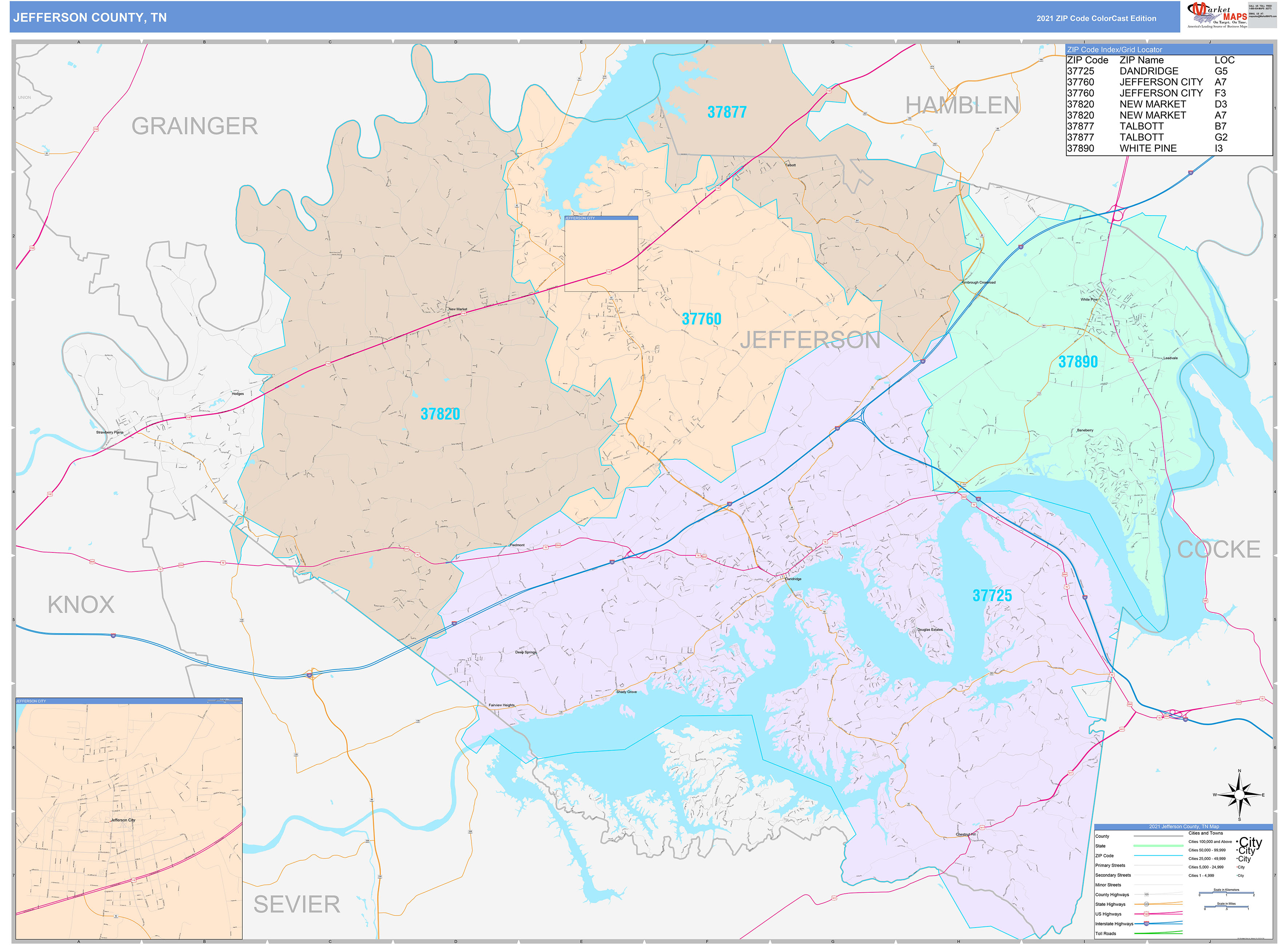 Jefferson County TN Wall Map Color Cast Style By MarketMAPS MapSales