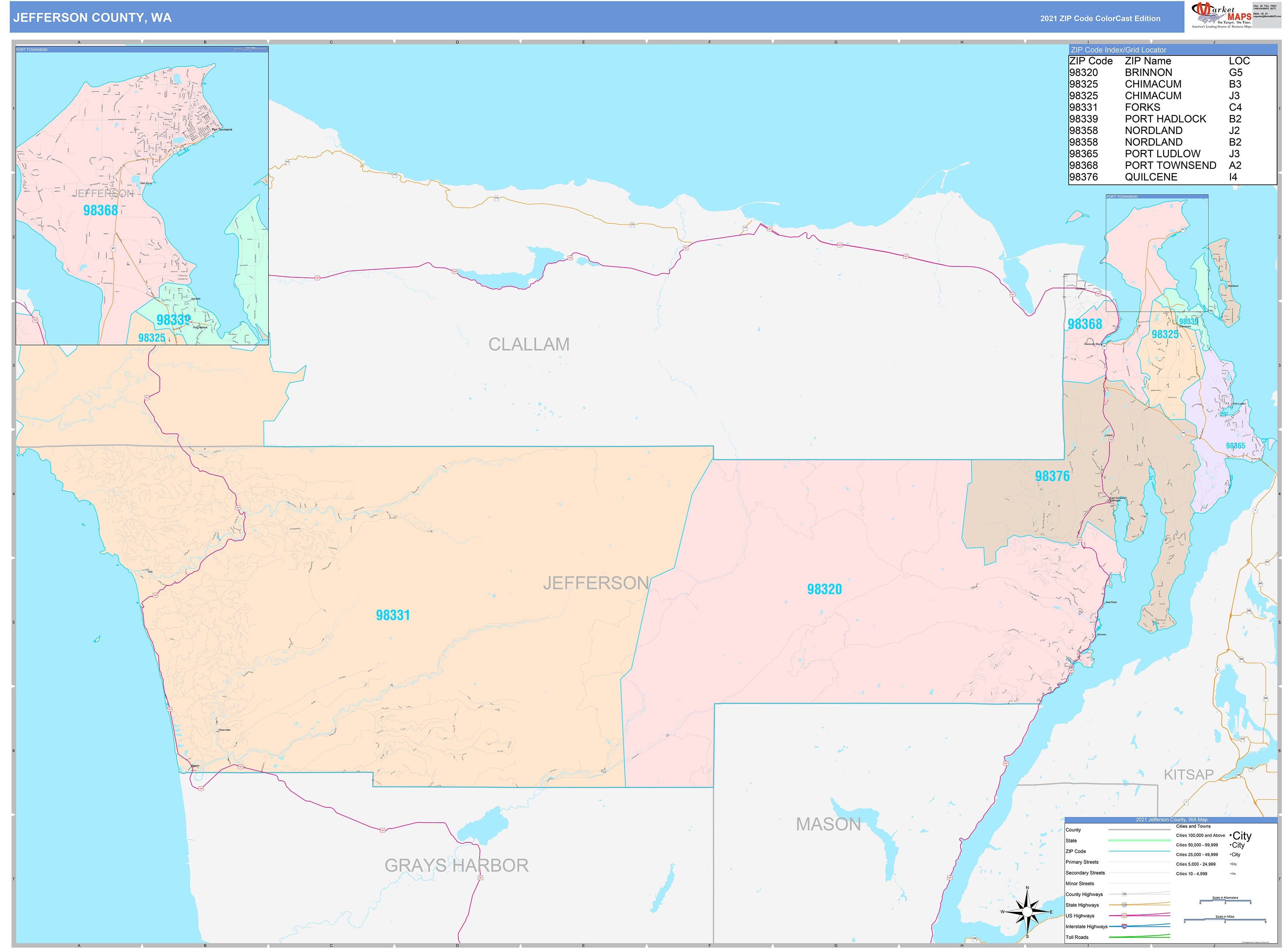 Jefferson County, WA Wall Map Color Cast Style by MarketMAPS