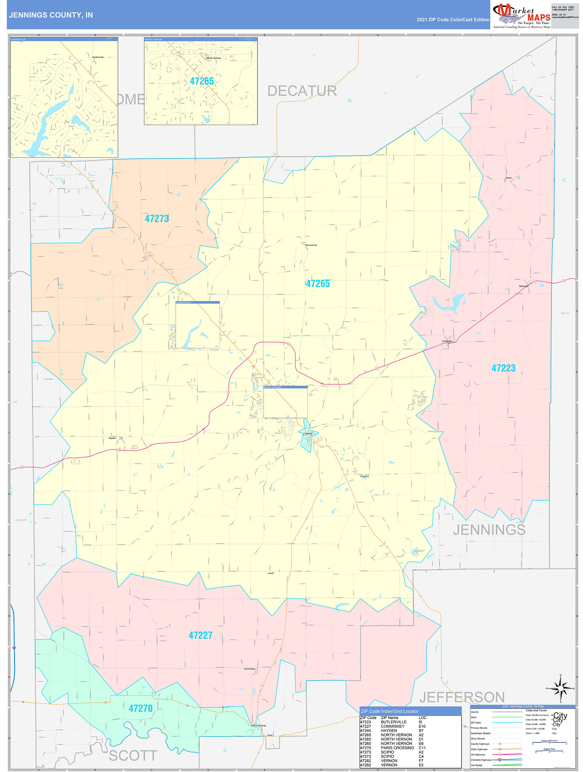 Jennings County, IN Wall Map Color Cast Style by MarketMAPS MapSales