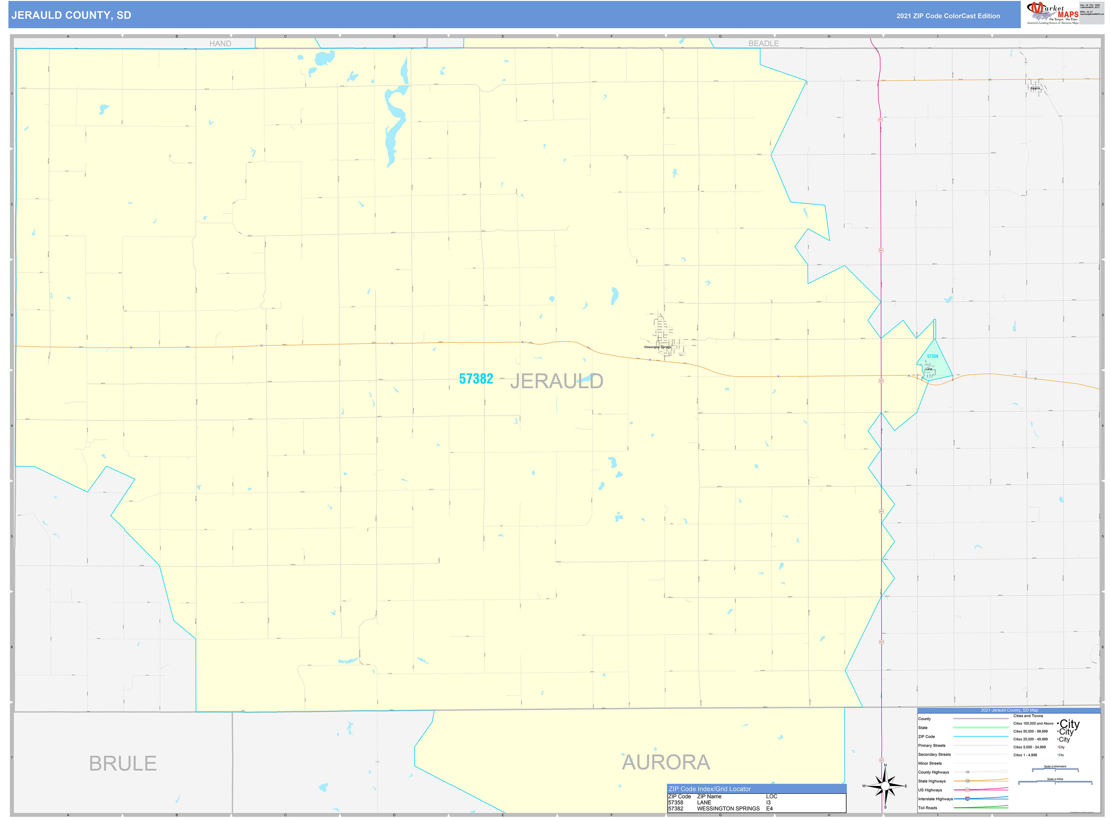Jerauld County, SD Wall Map Color Cast Style by MarketMAPS MapSales