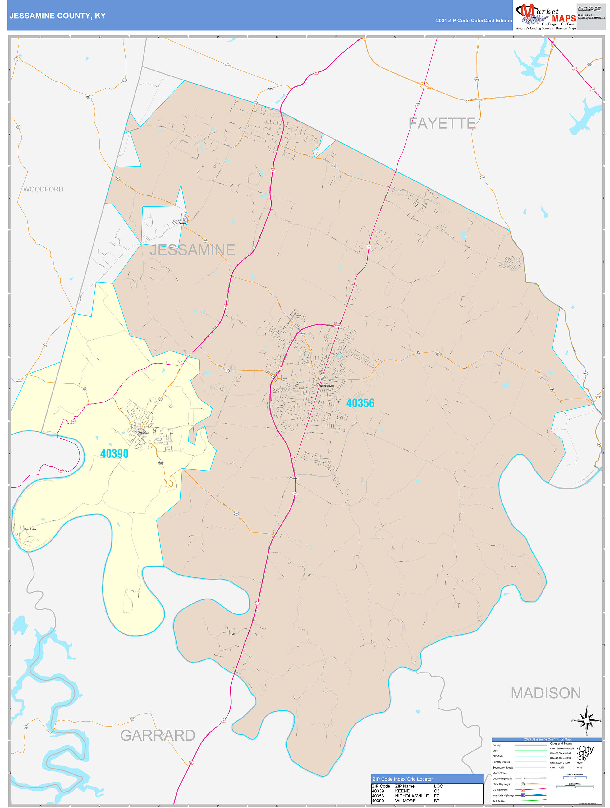 Jessamine County, KY Wall Map Color Cast Style by MarketMAPS