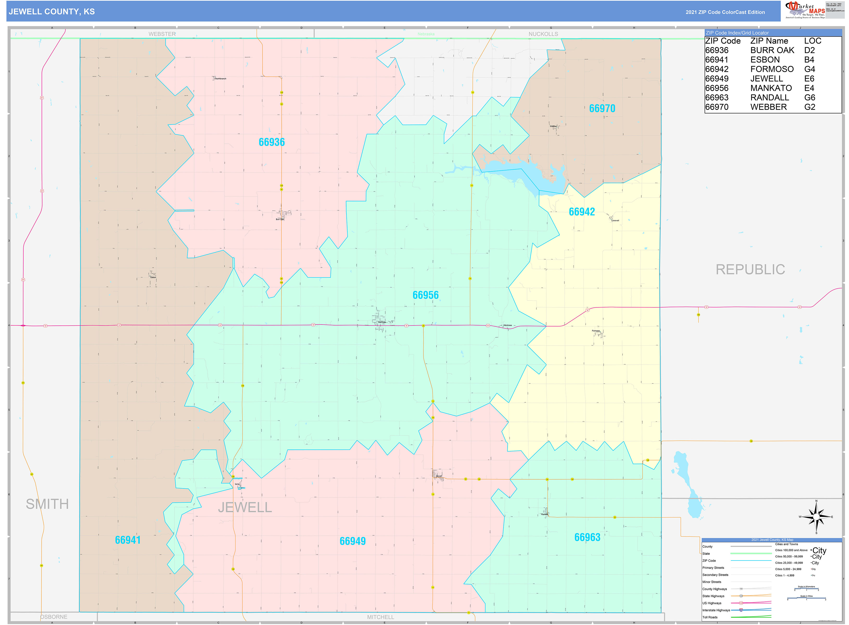 Jewell County, KS Wall Map Color Cast Style by MarketMAPS