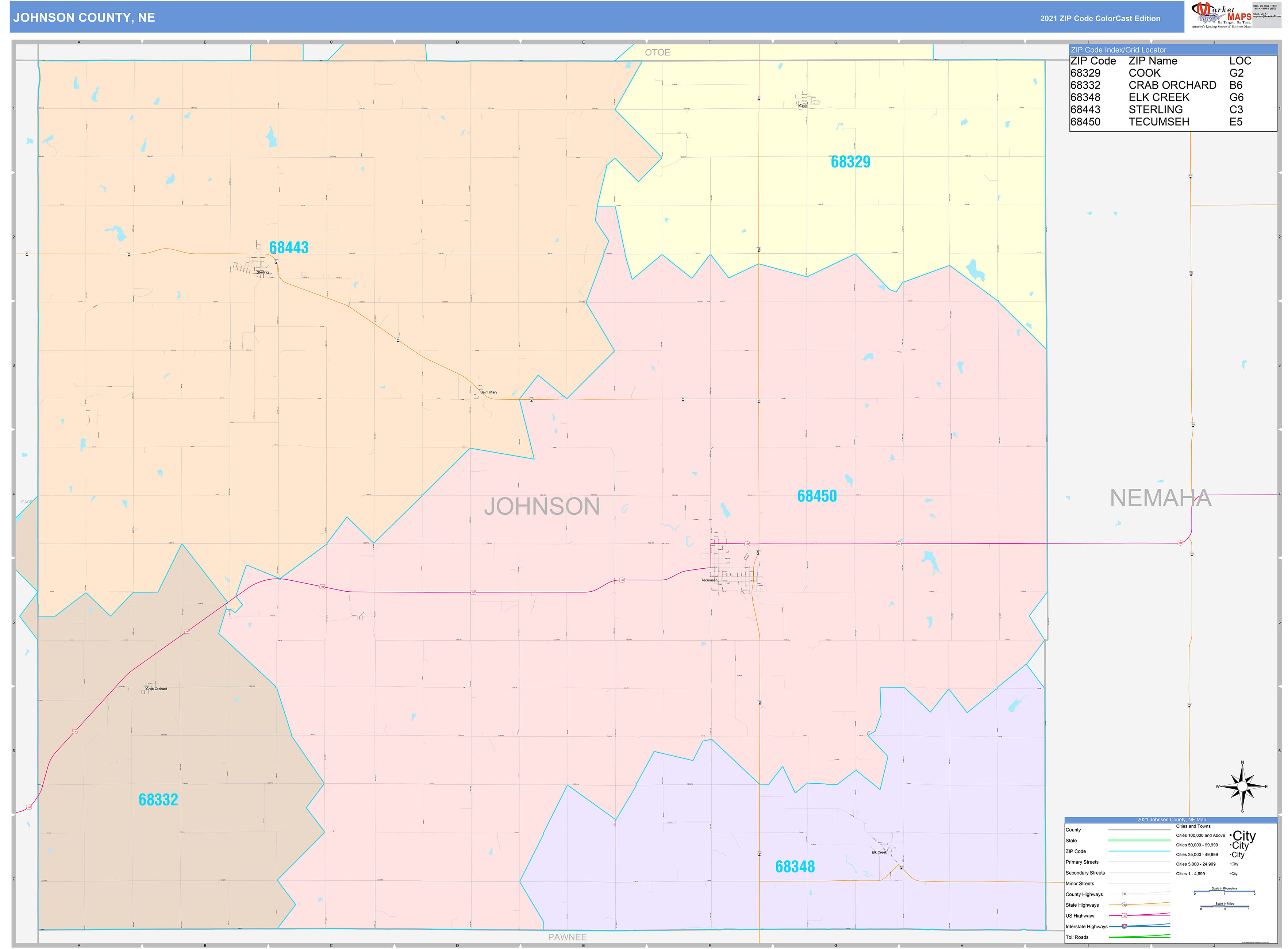 Johnson County, NE Wall Map Color Cast Style by MarketMAPS