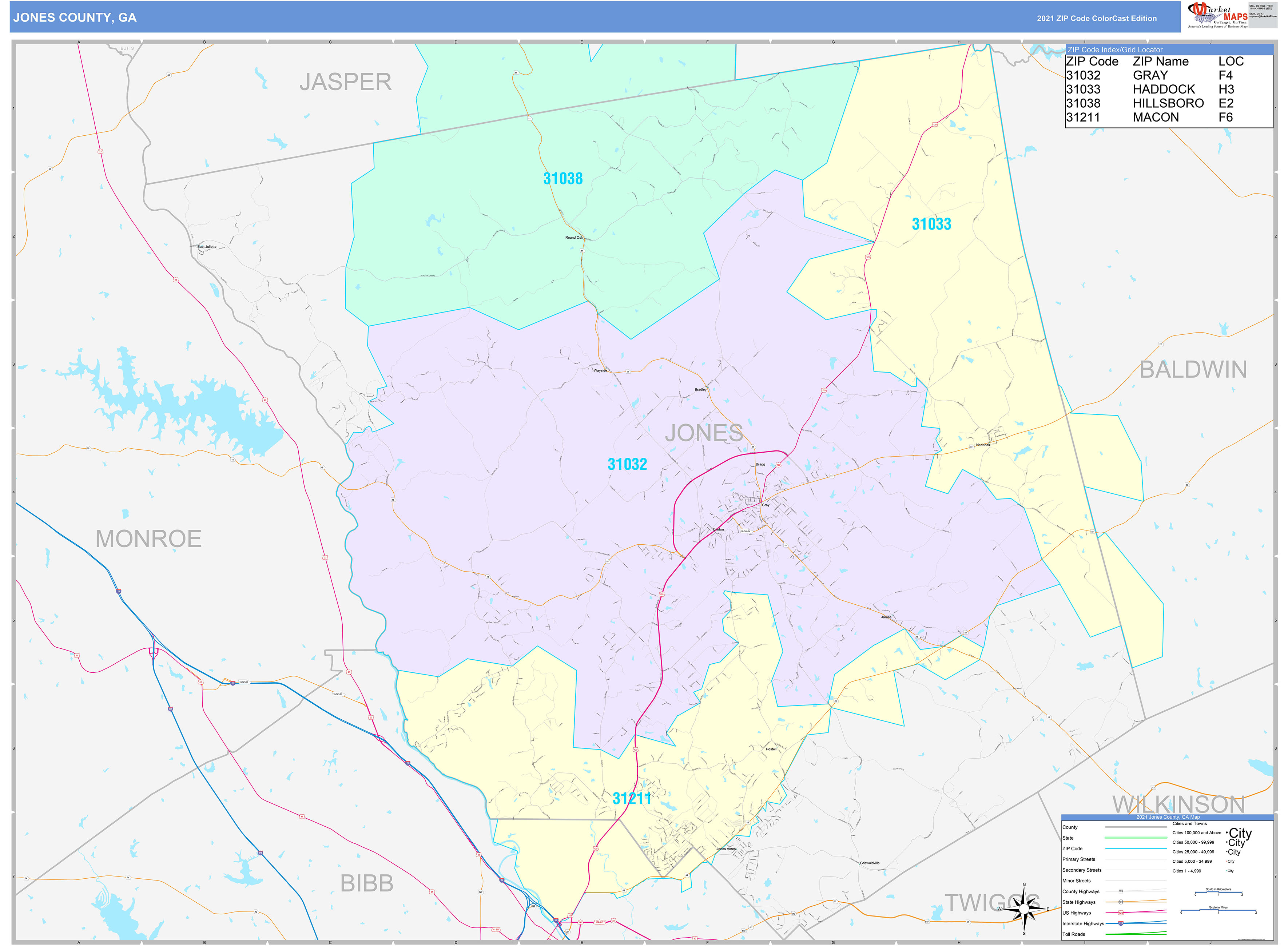 Jones County, GA Wall Map Color Cast Style by MarketMAPS MapSales
