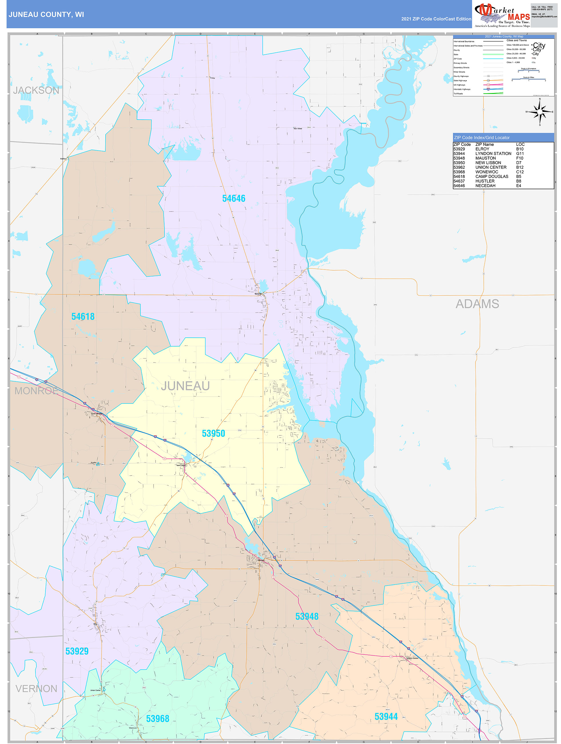 Juneau County, WI Wall Map Color Cast Style by MarketMAPS