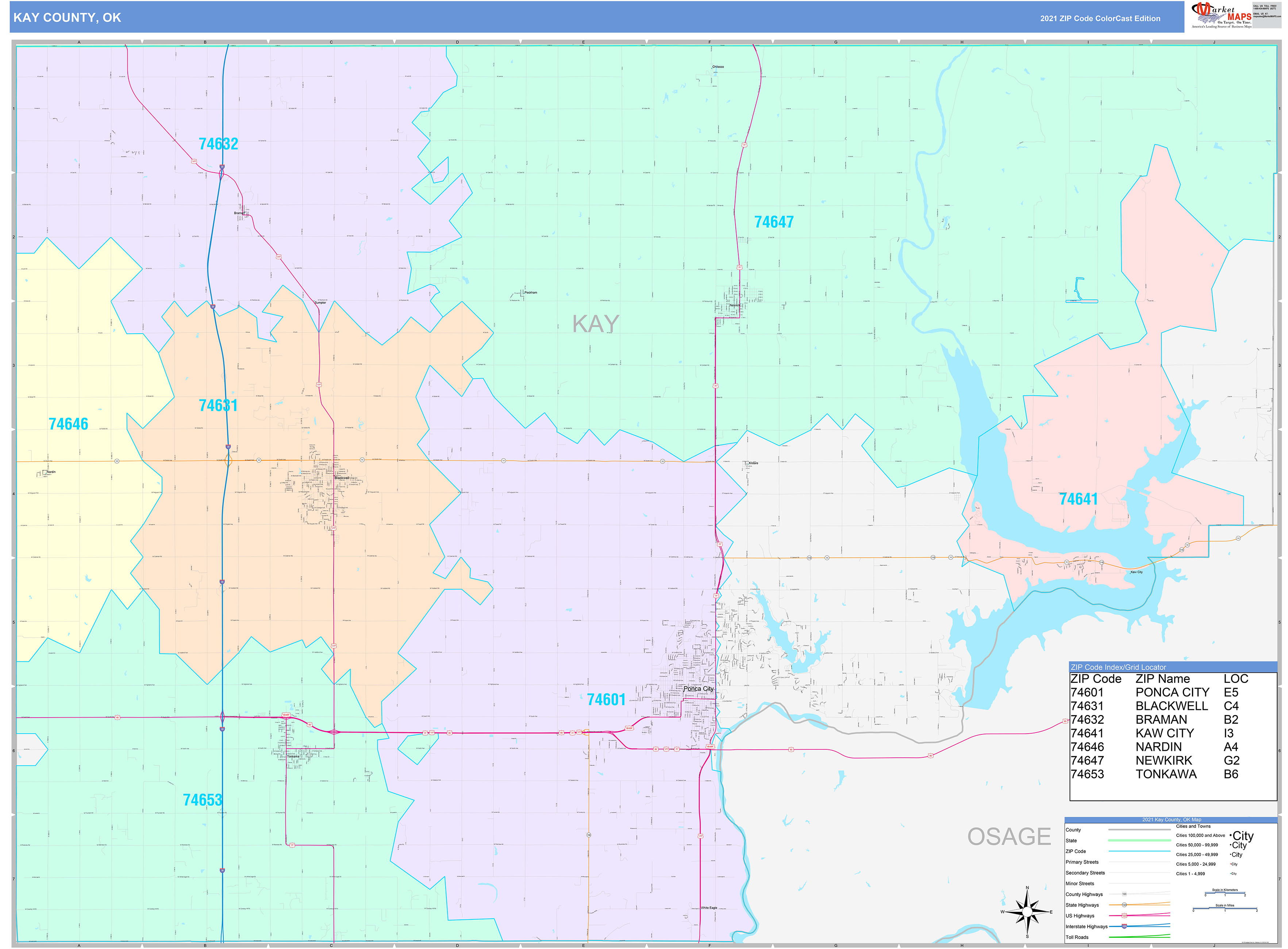 Kay County, OK Wall Map Color Cast Style by MarketMAPS