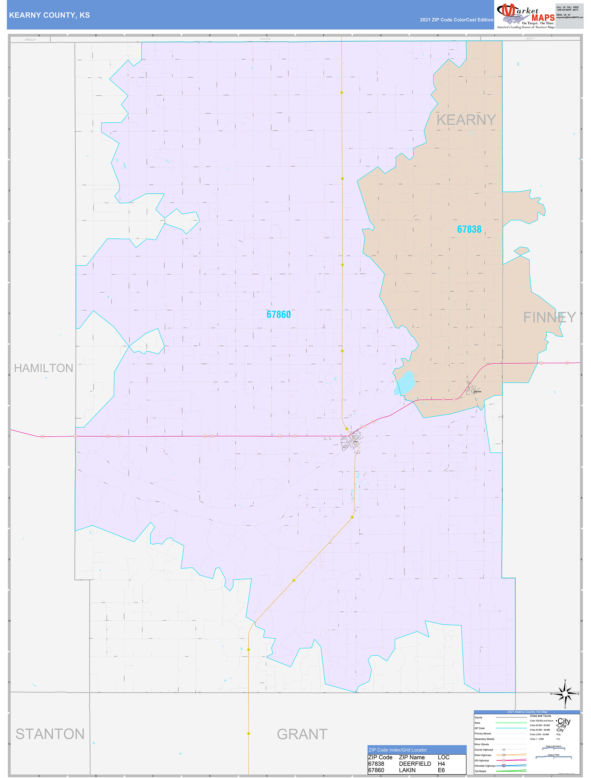 Kearny County, KS Wall Map Color Cast Style by MarketMAPS