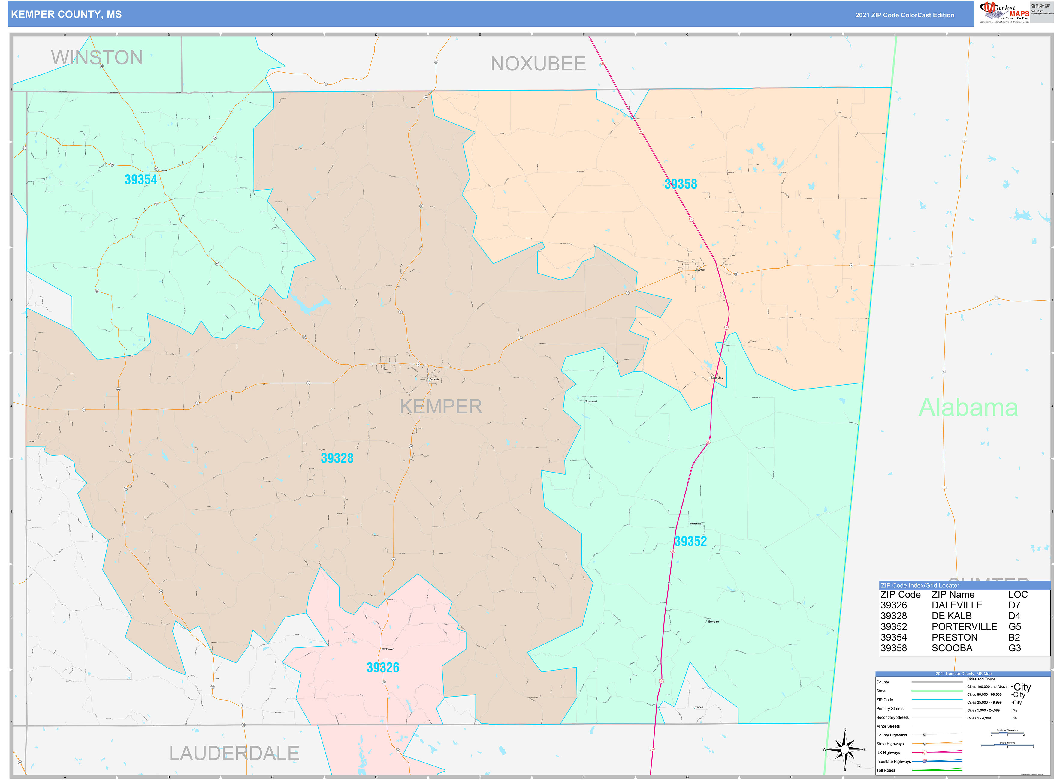 Kemper County MS Wall Map Color Cast Style By MarketMAPS MapSales