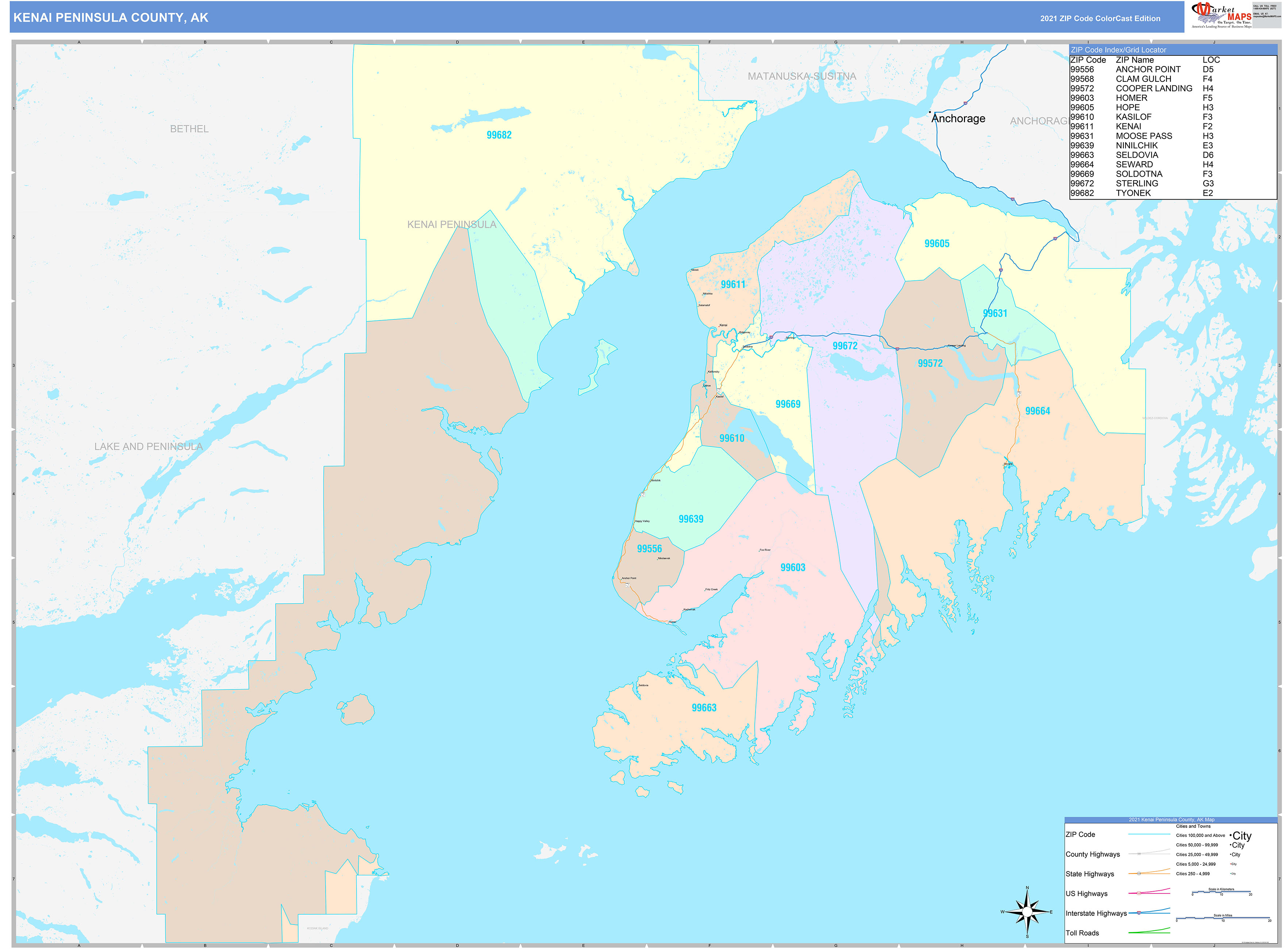 Kenai Peninsula County, AK Wall Map Color Cast Style by MarketMAPS