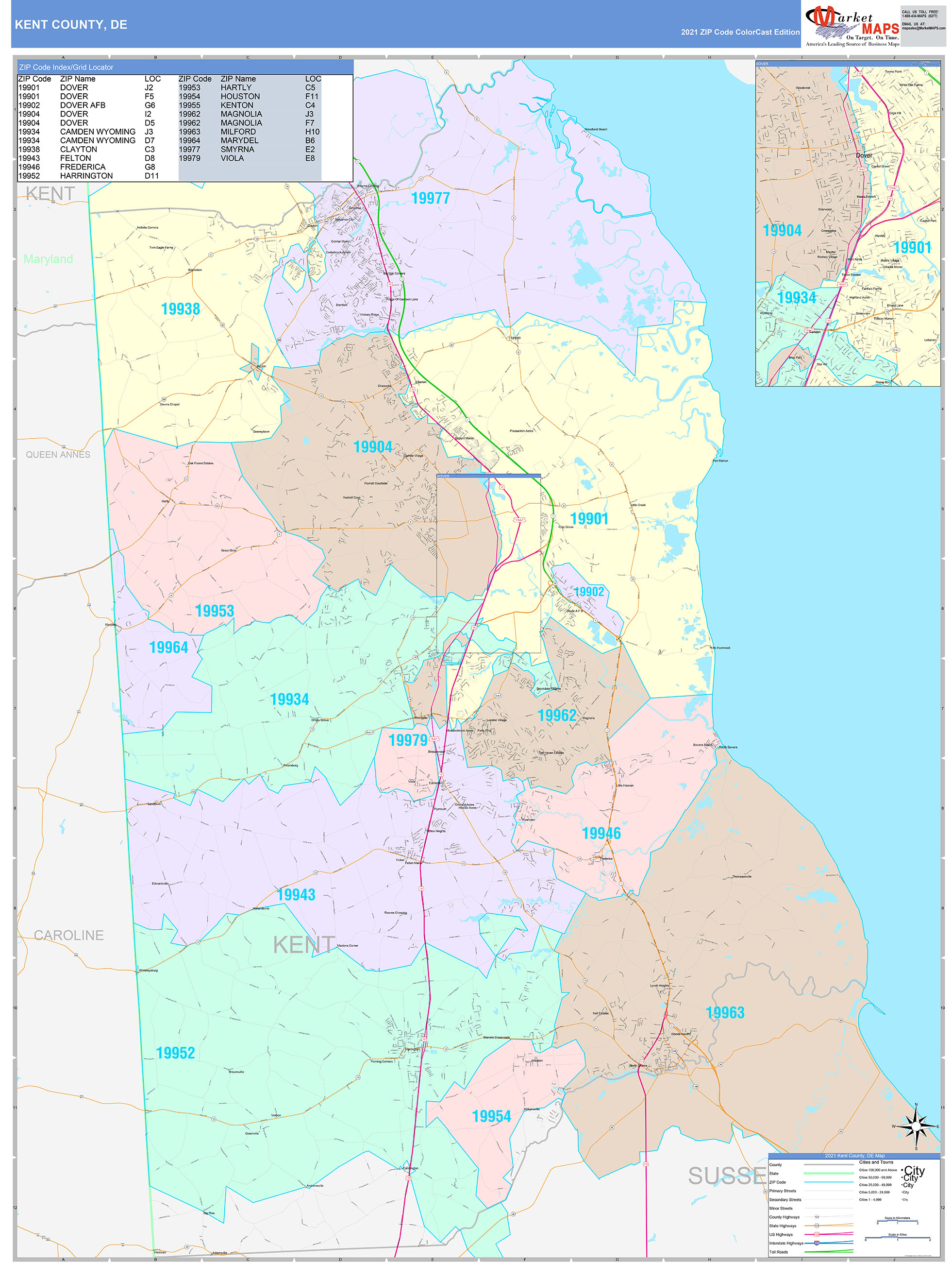 Kent County, DE Wall Map Color Cast Style by MarketMAPS MapSales