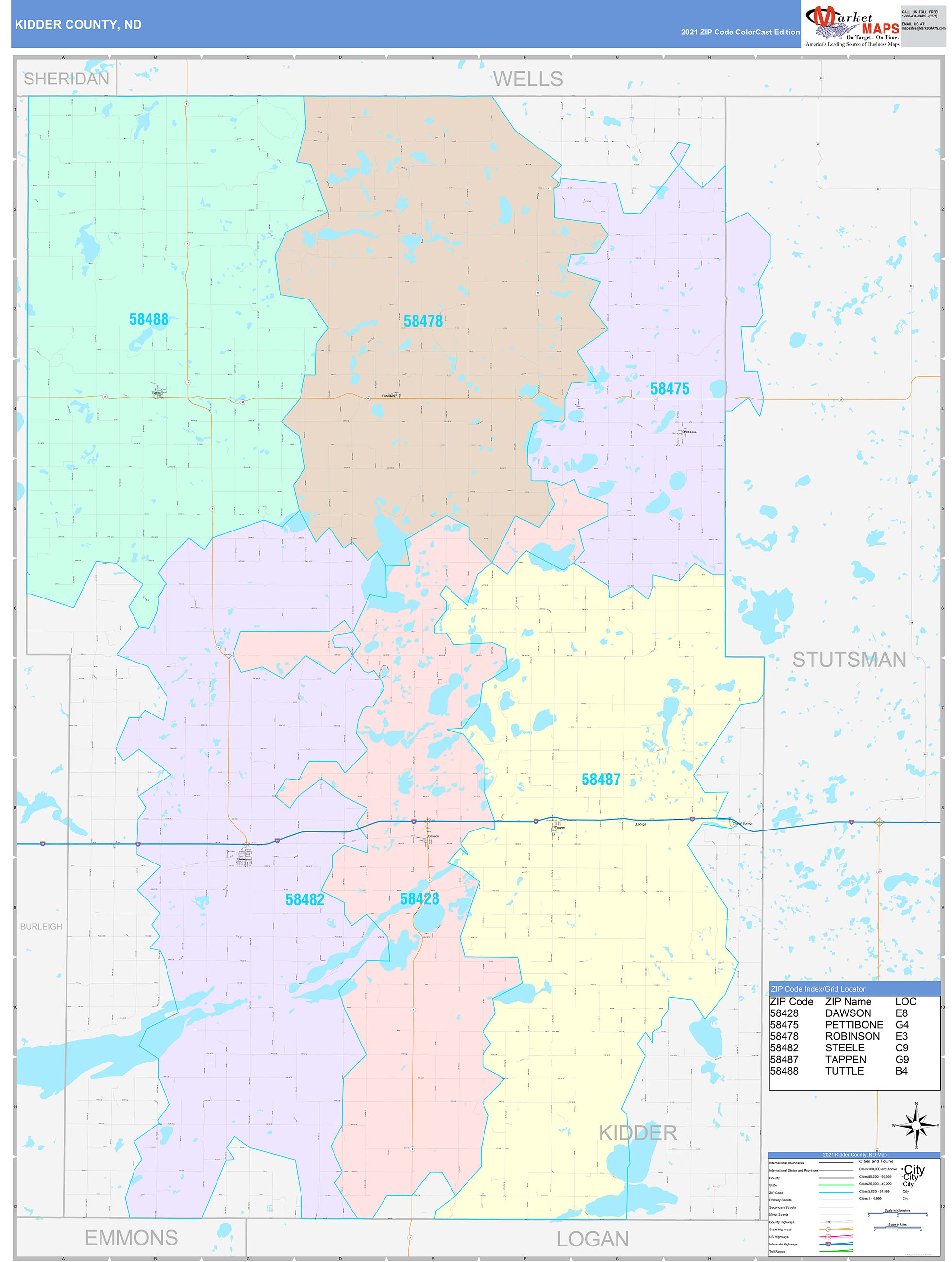 Kidder County, ND Wall Map Color Cast Style by MarketMAPS MapSales