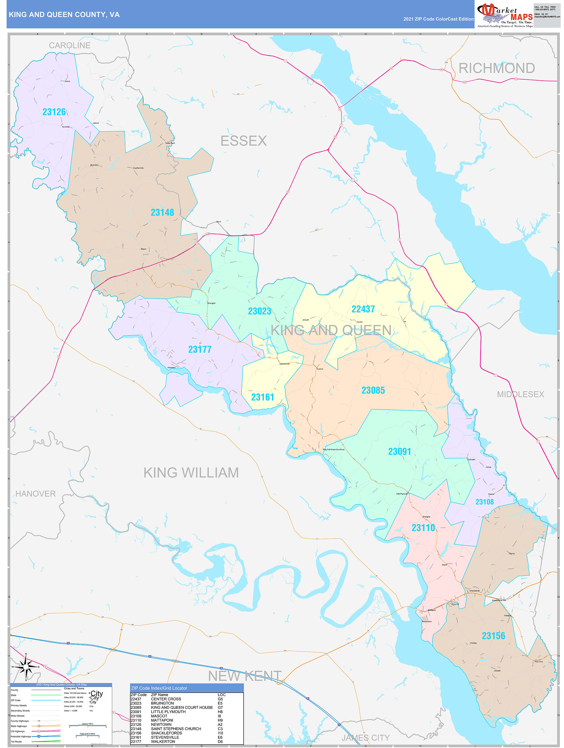 King and Queen County, VA Wall Map Color Cast Style by MarketMAPS MapSales
