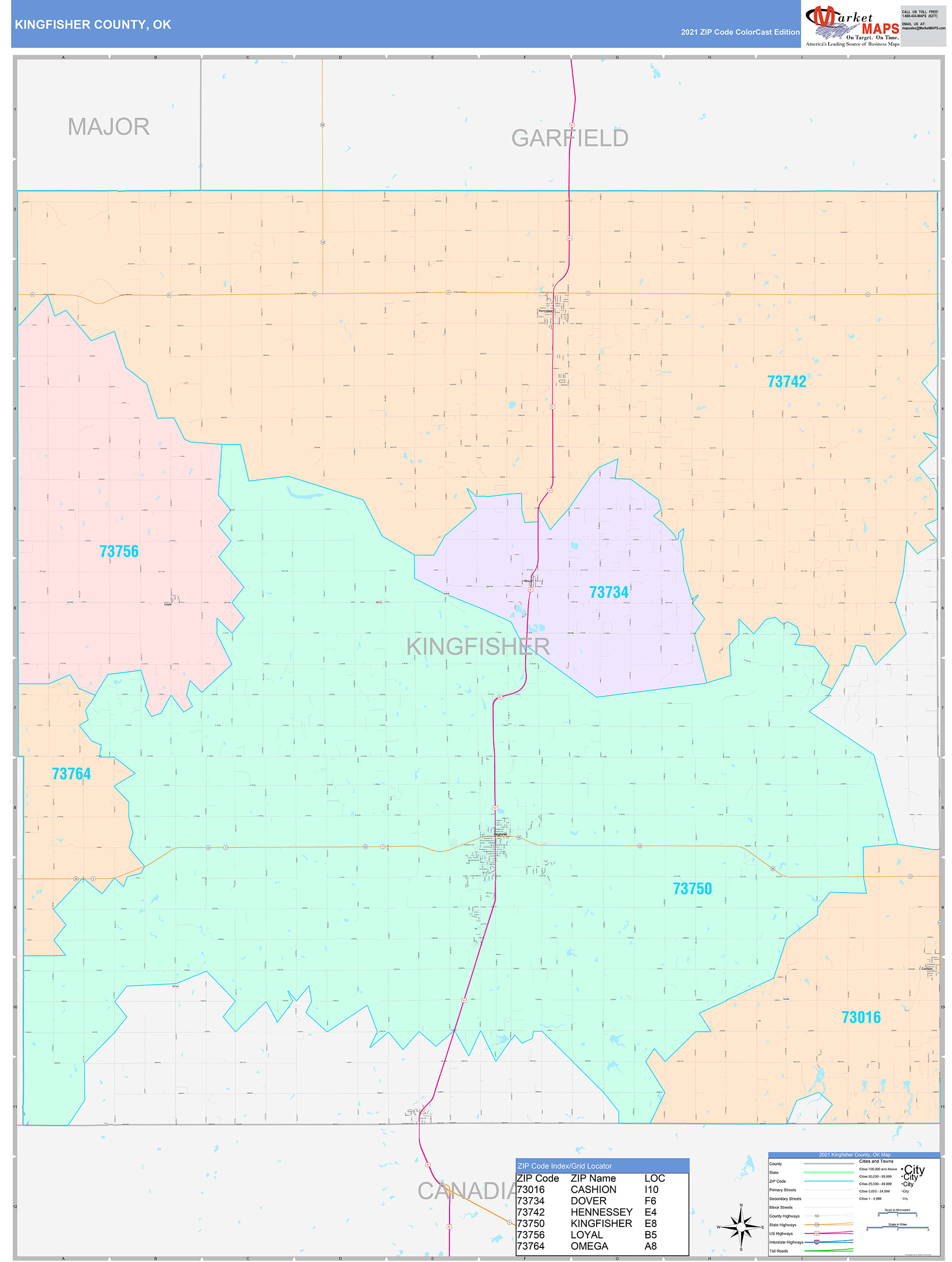 Kingfisher County, OK Wall Map Color Cast Style by MarketMAPS