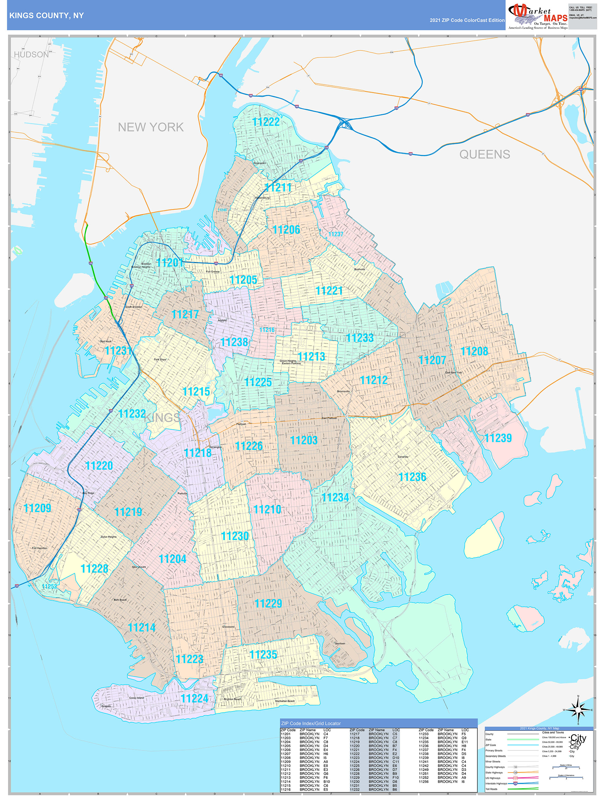 Kings County, NY Wall Map Color Cast Style by MarketMAPS MapSales