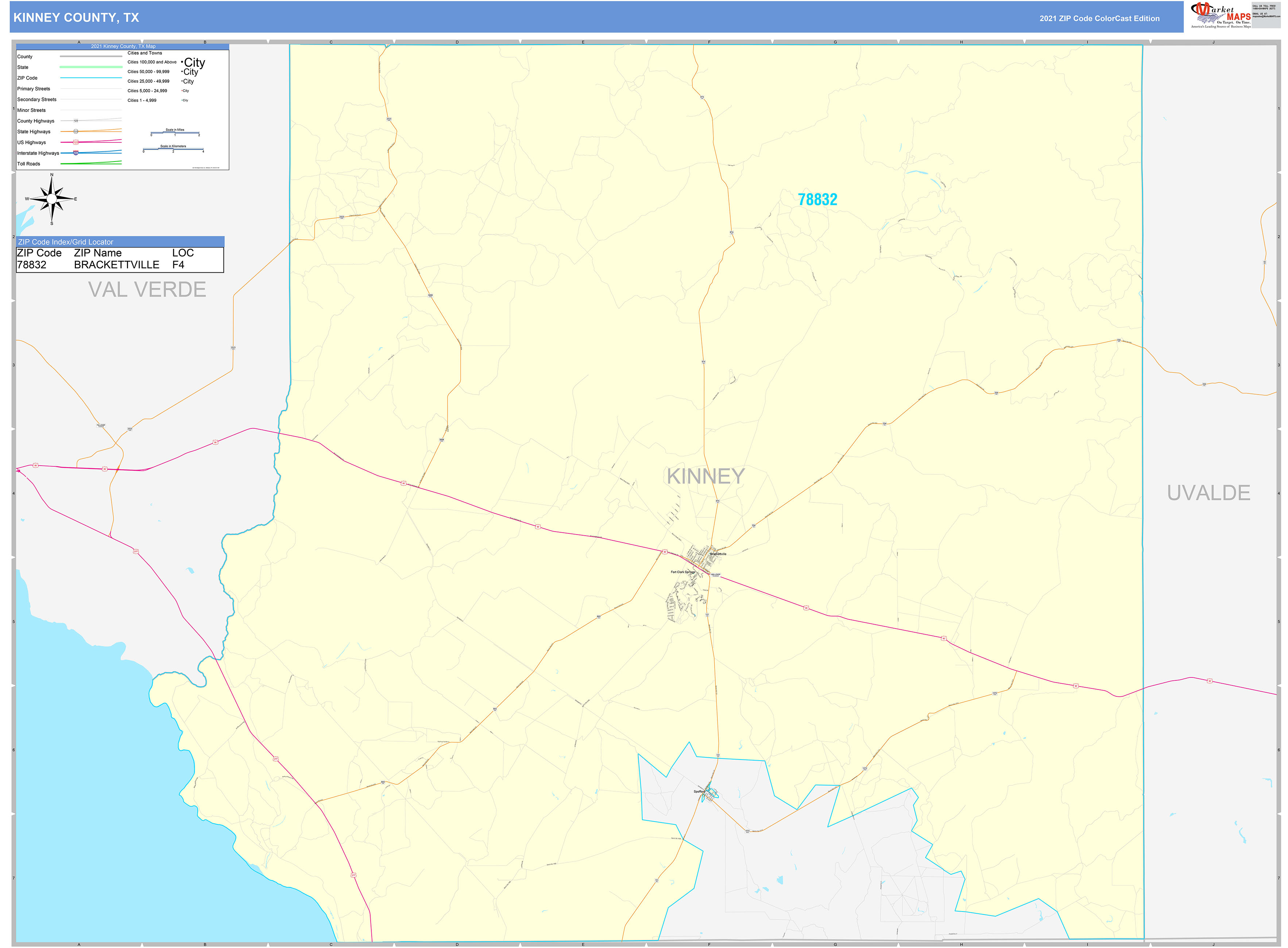 Kinney County, TX Wall Map Color Cast Style by MarketMAPS MapSales