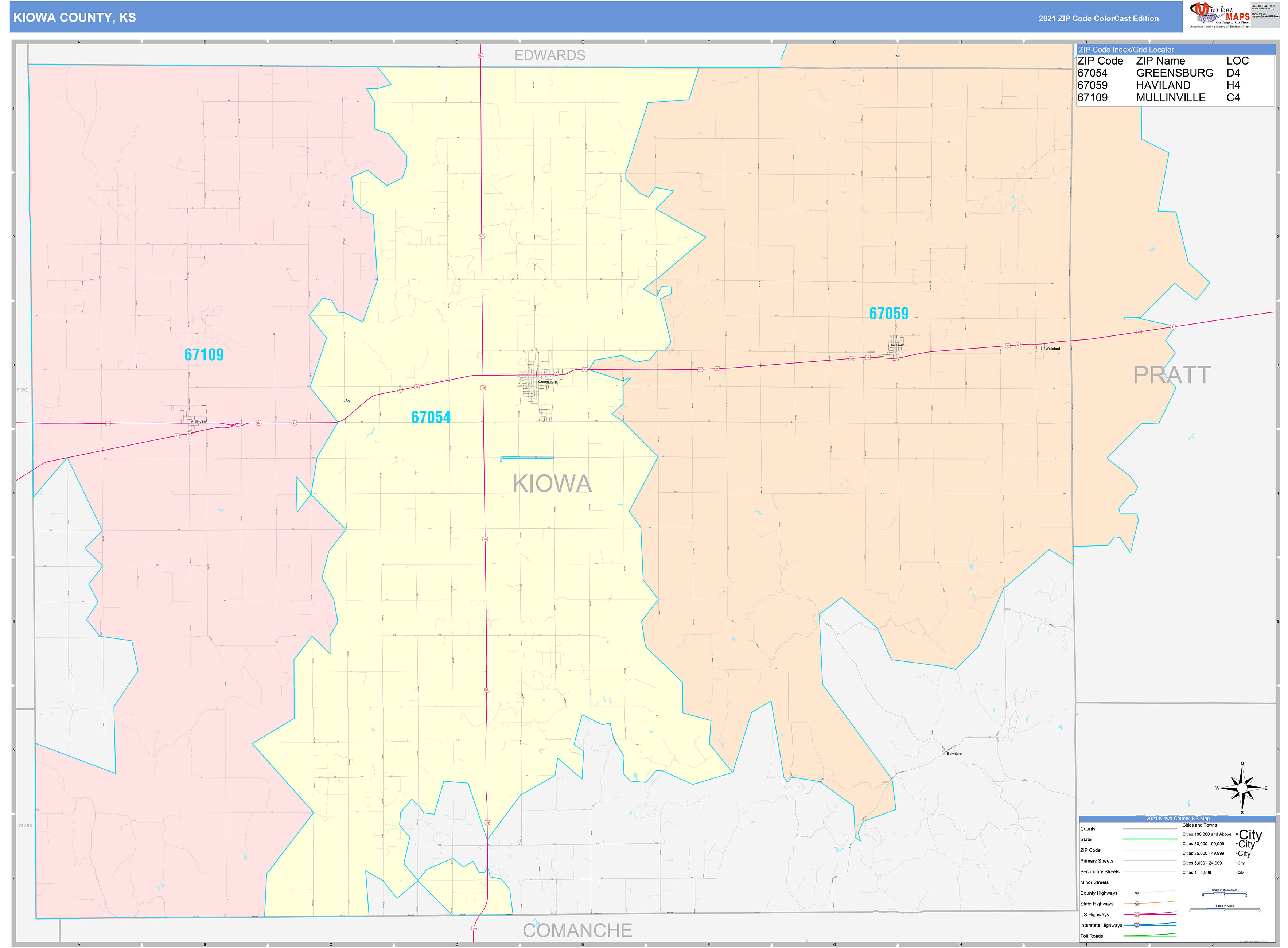 Kiowa County, KS Wall Map Color Cast Style by MarketMAPS