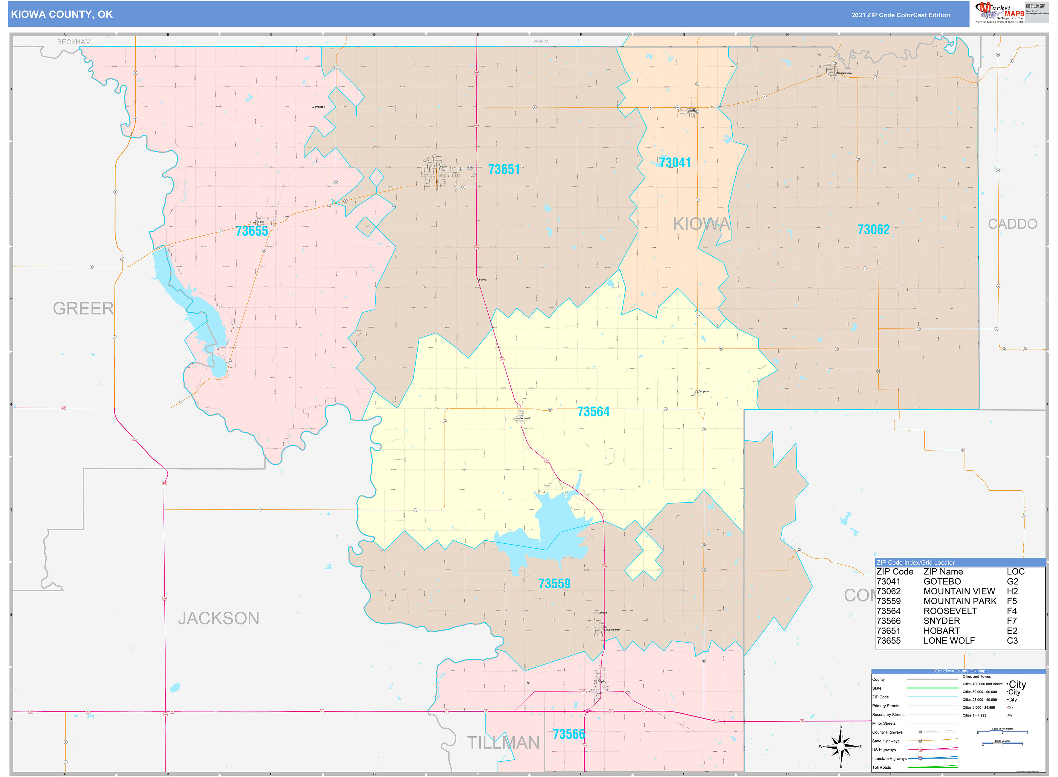 Kiowa County, OK Wall Map Color Cast Style by MarketMAPS