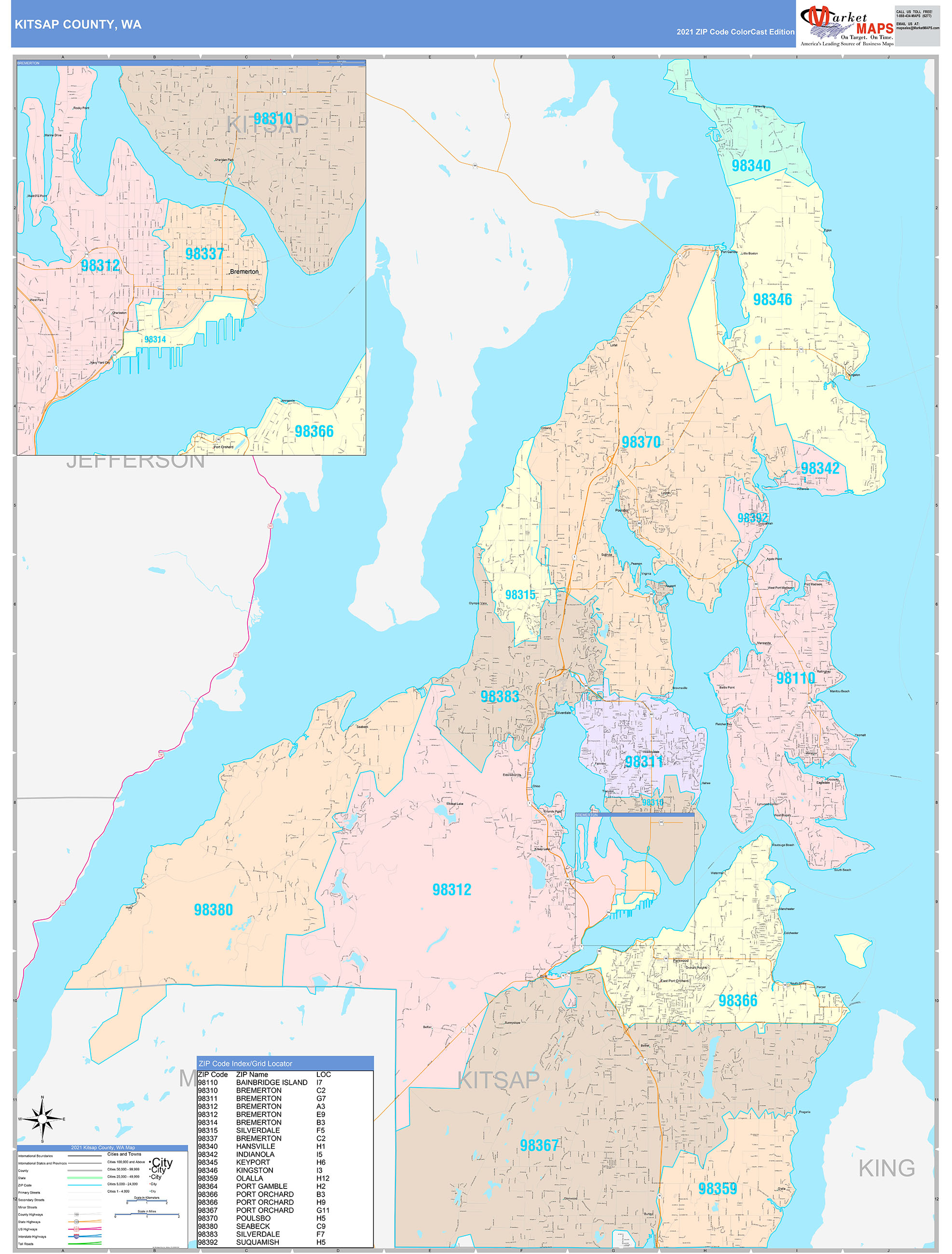 Kitsap County, WA Wall Map Color Cast Style by MarketMAPS MapSales