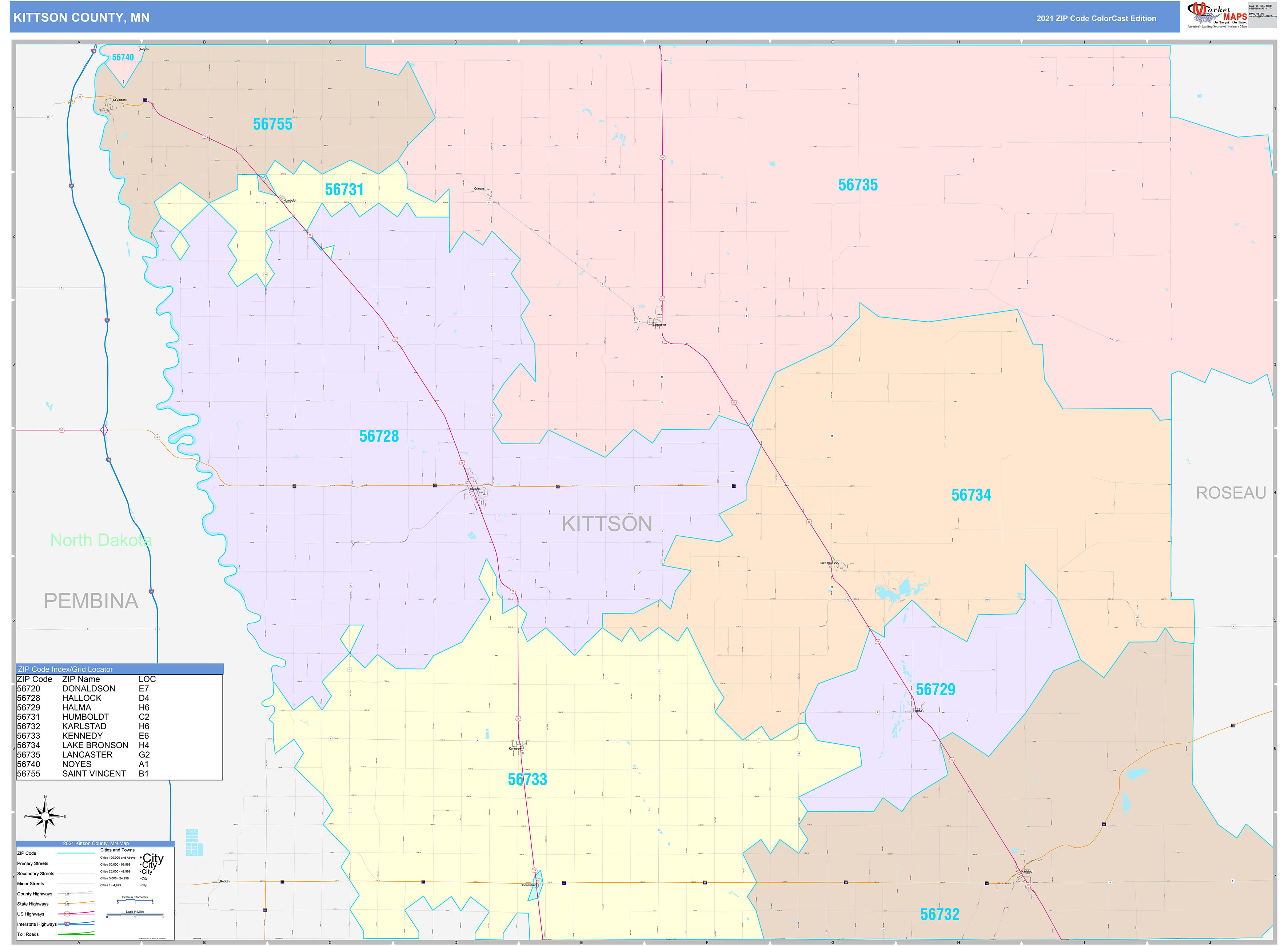 Kittson County MN Wall Map Color Cast Style By MarketMAPS