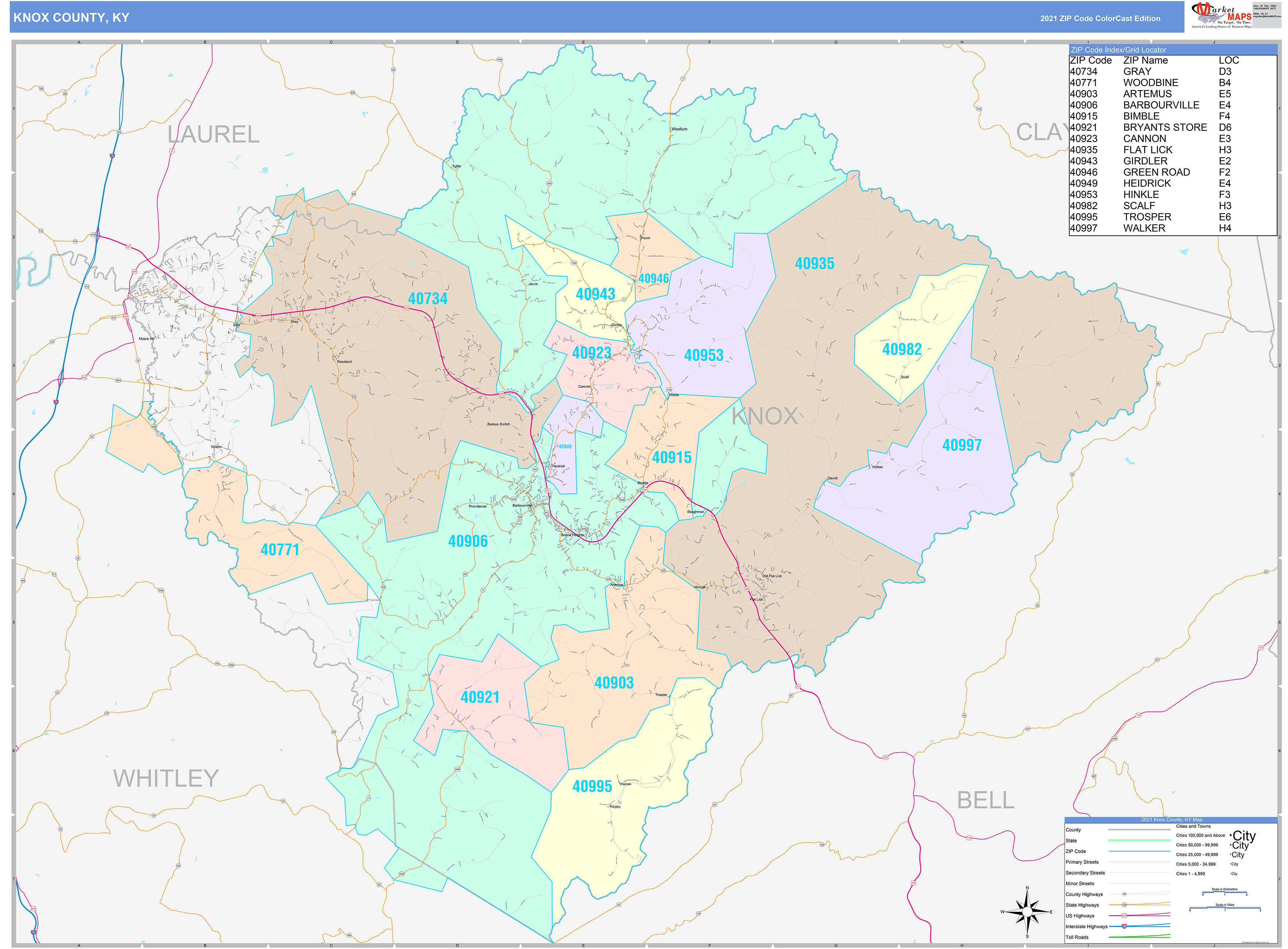Knox County, KY Wall Map Color Cast Style by MarketMAPS