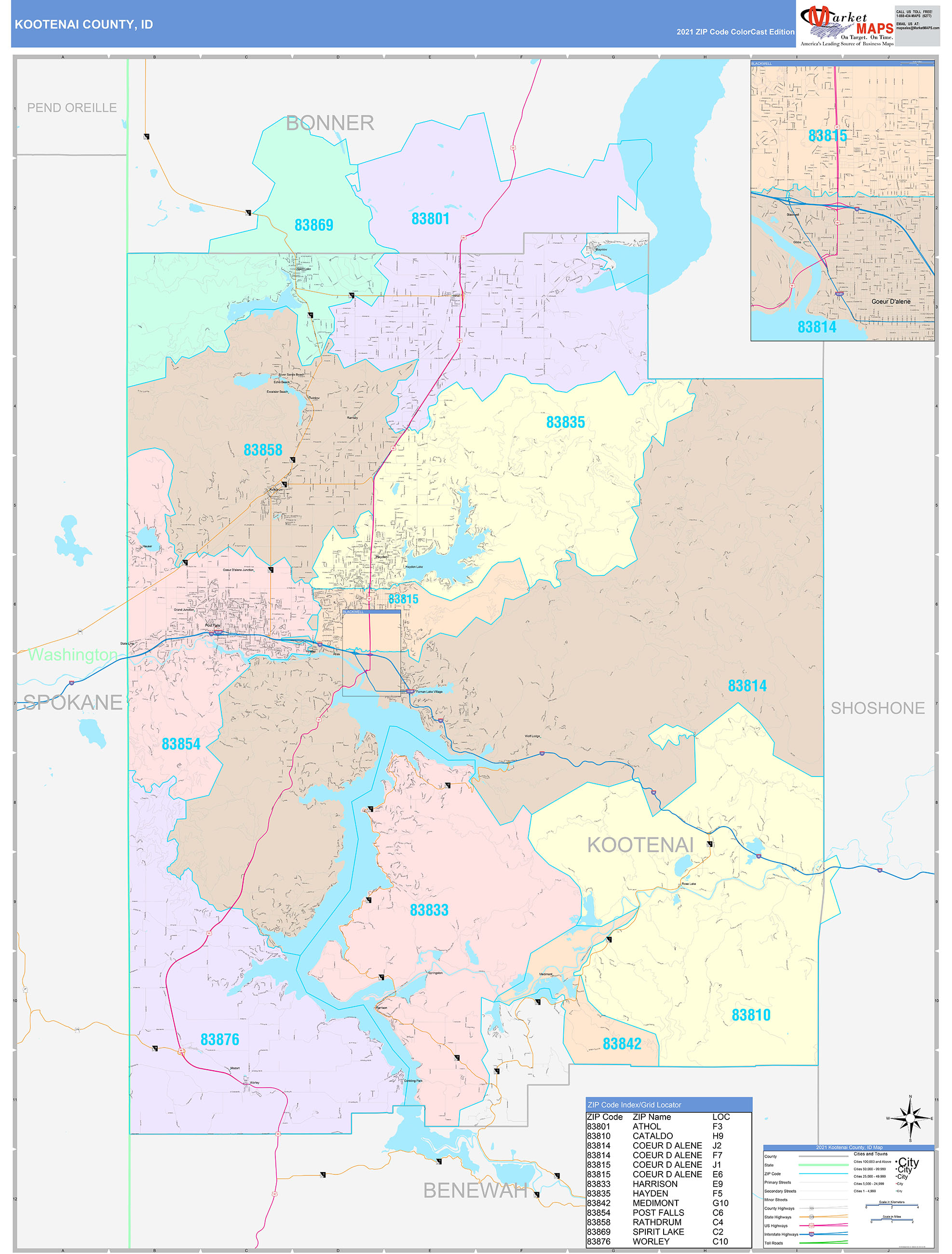 Kootenai County, ID Wall Map Color Cast Style by MarketMAPS
