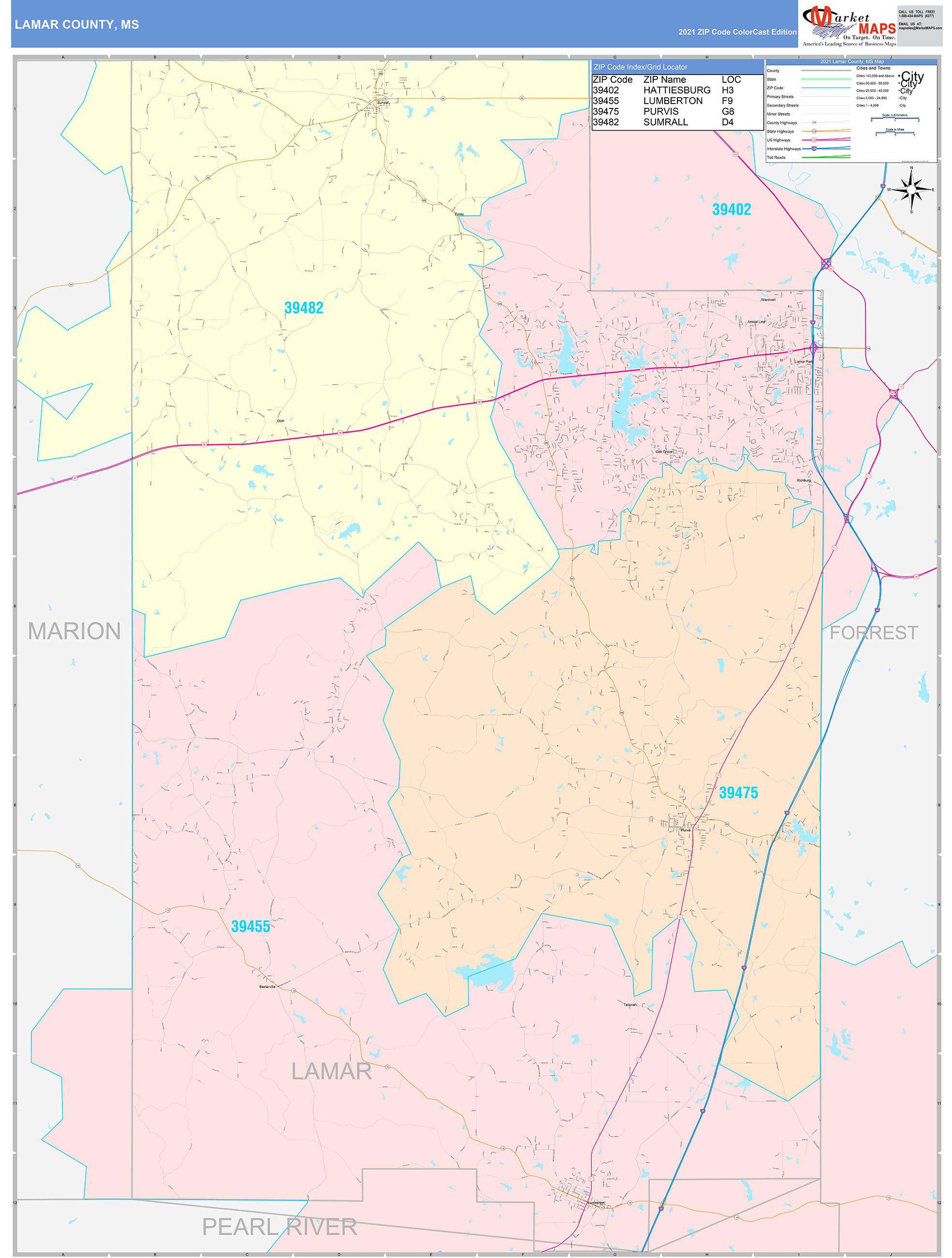 Lamar County, MS Wall Map Color Cast Style by MarketMAPS - MapSales