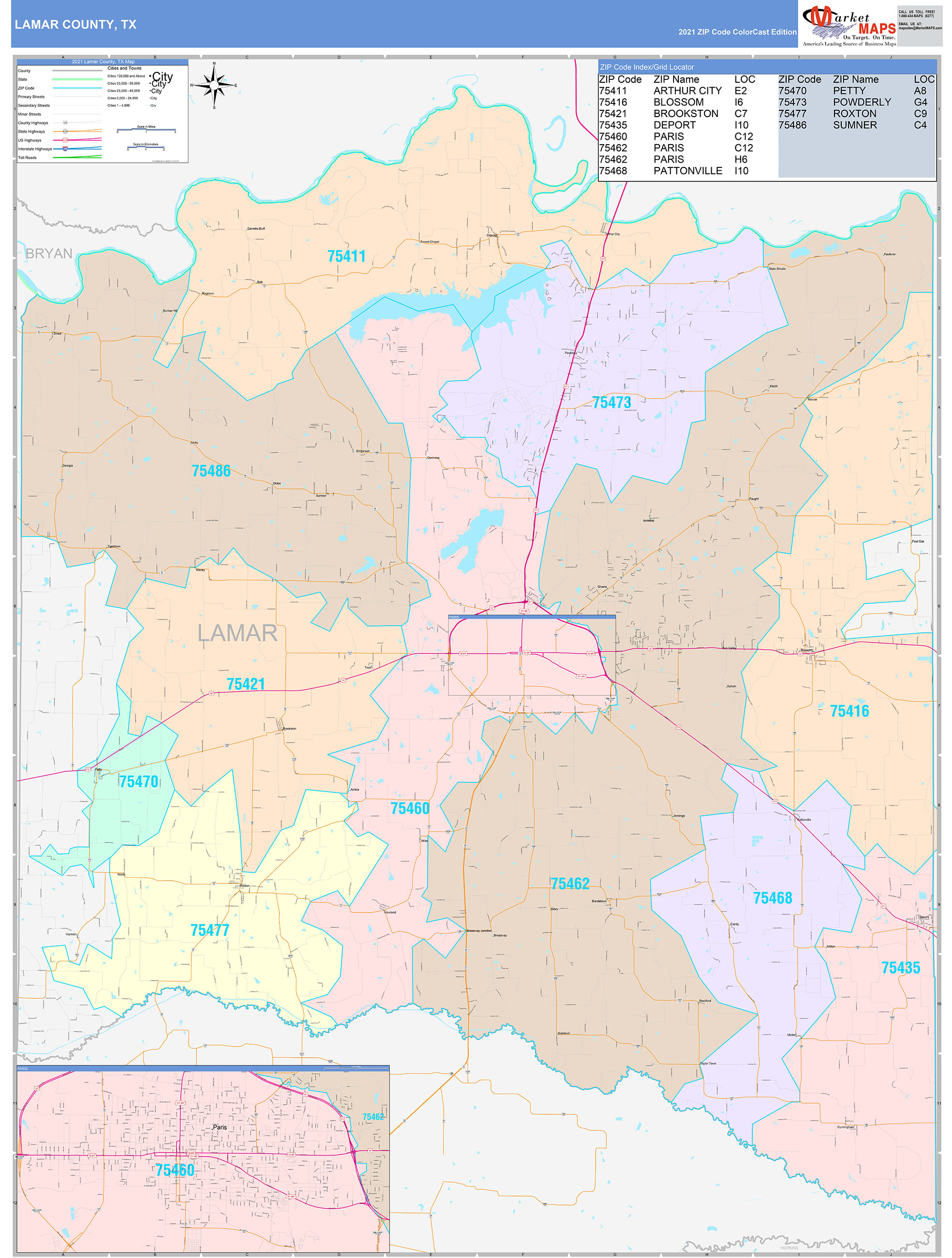 Lamar County, TX Wall Map Color Cast Style by MarketMAPS